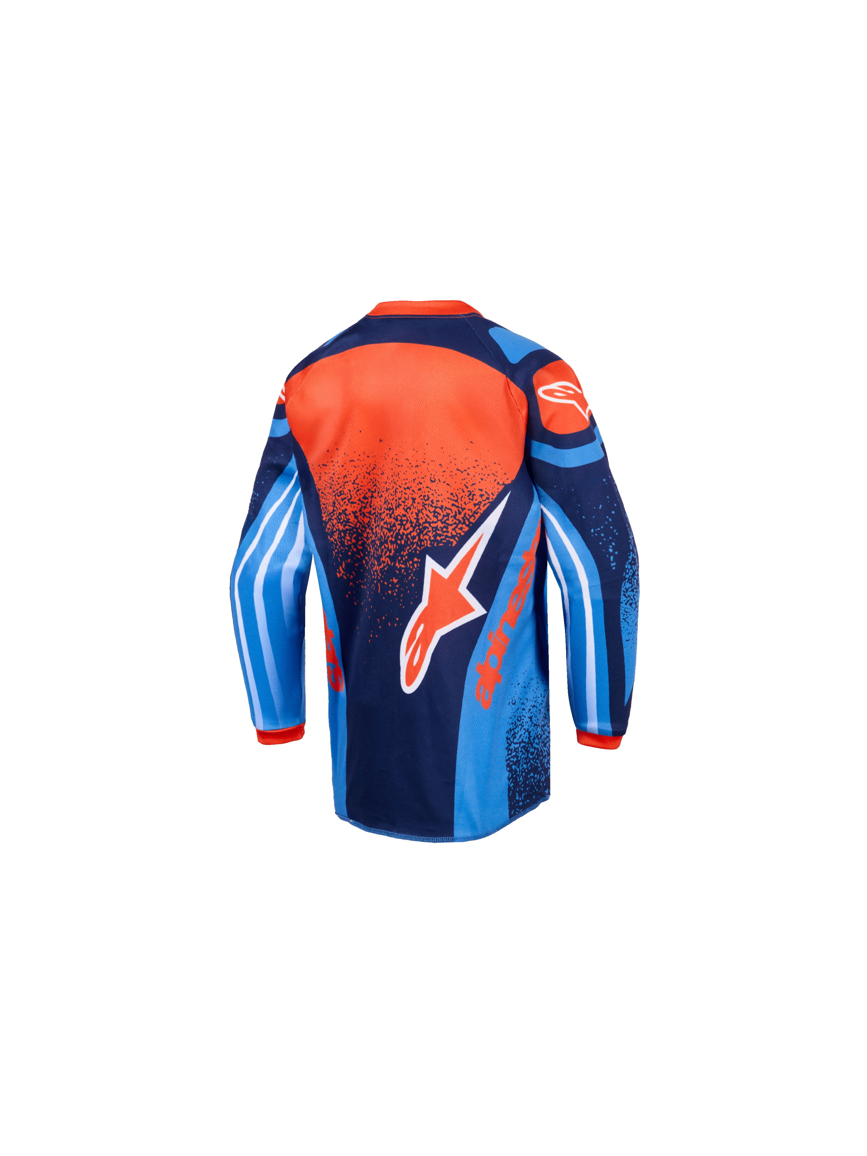 Alpinestars 2026 Kinder Racer Nomur Trikot, Motocross-Trikot, Dunkelblau, Orange und UCLA-Blau, Rückansicht, mit großem Alpinestars-Branding, verlängerter Rückenpartie und lebhaften grafischen Ärmeln für jugendliche Offroad-Performance.