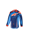 Alpinestars 2026 Kids Racer Nomur Jersey, Kinder-Motocross-Langarmtrikot, Dunkelblau, Orange und UCLA-Blau, mit großem weiß-orangem Stern-Logo, lebendigen geometrischen und gesprenkelten Grafiken, orangefarbenem Kragen und Manschetten, Funktionsmaterial für Kinder-Motocross-Rennen