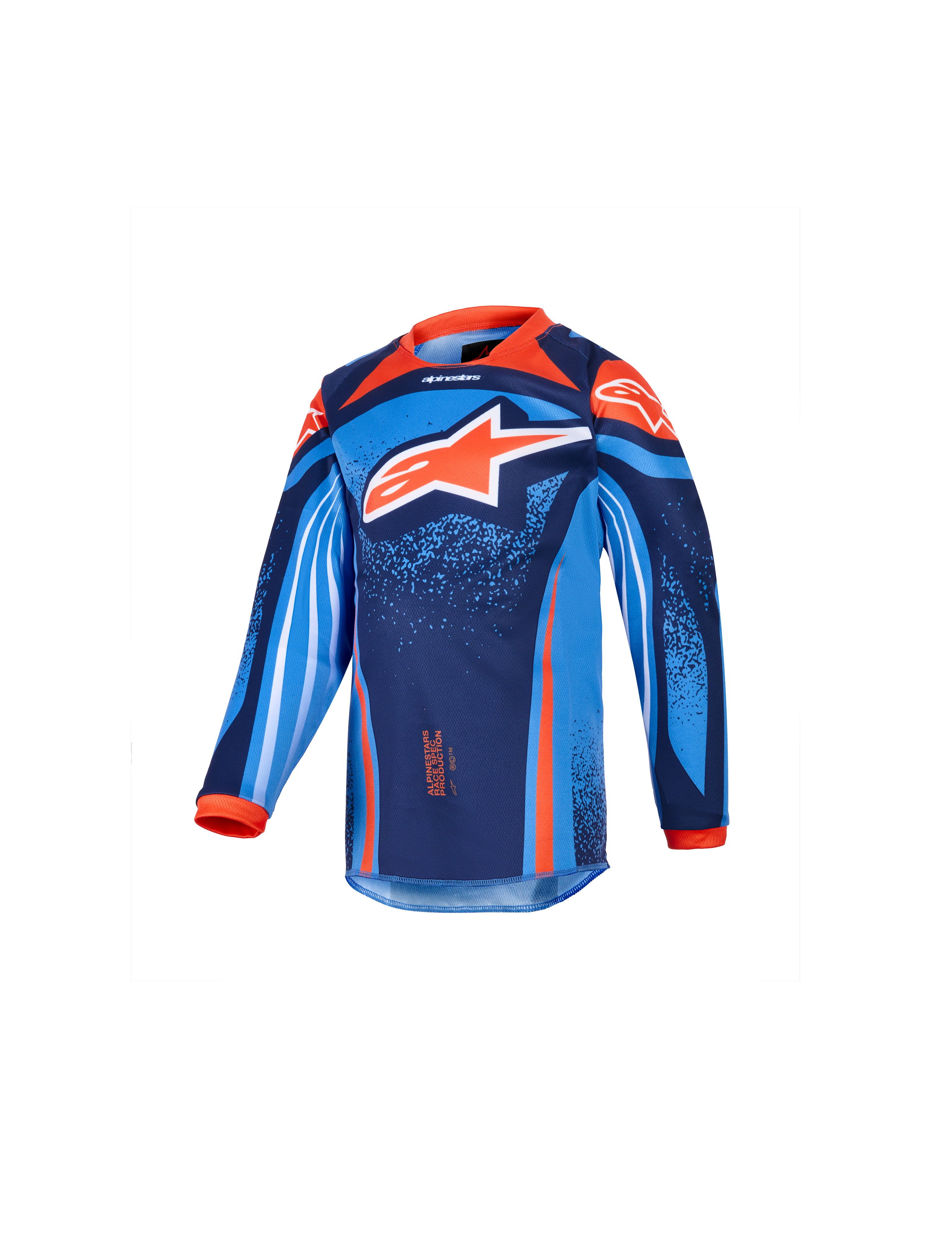 Alpinestars 2026 Kids Racer Nomur Jersey, Kinder-Motocross-Langarmtrikot, Dunkelblau, Orange und UCLA-Blau, mit großem weiß-orangem Stern-Logo, lebendigen geometrischen und gesprenkelten Grafiken, orangefarbenem Kragen und Manschetten, Funktionsmaterial für Kinder-Motocross-Rennen