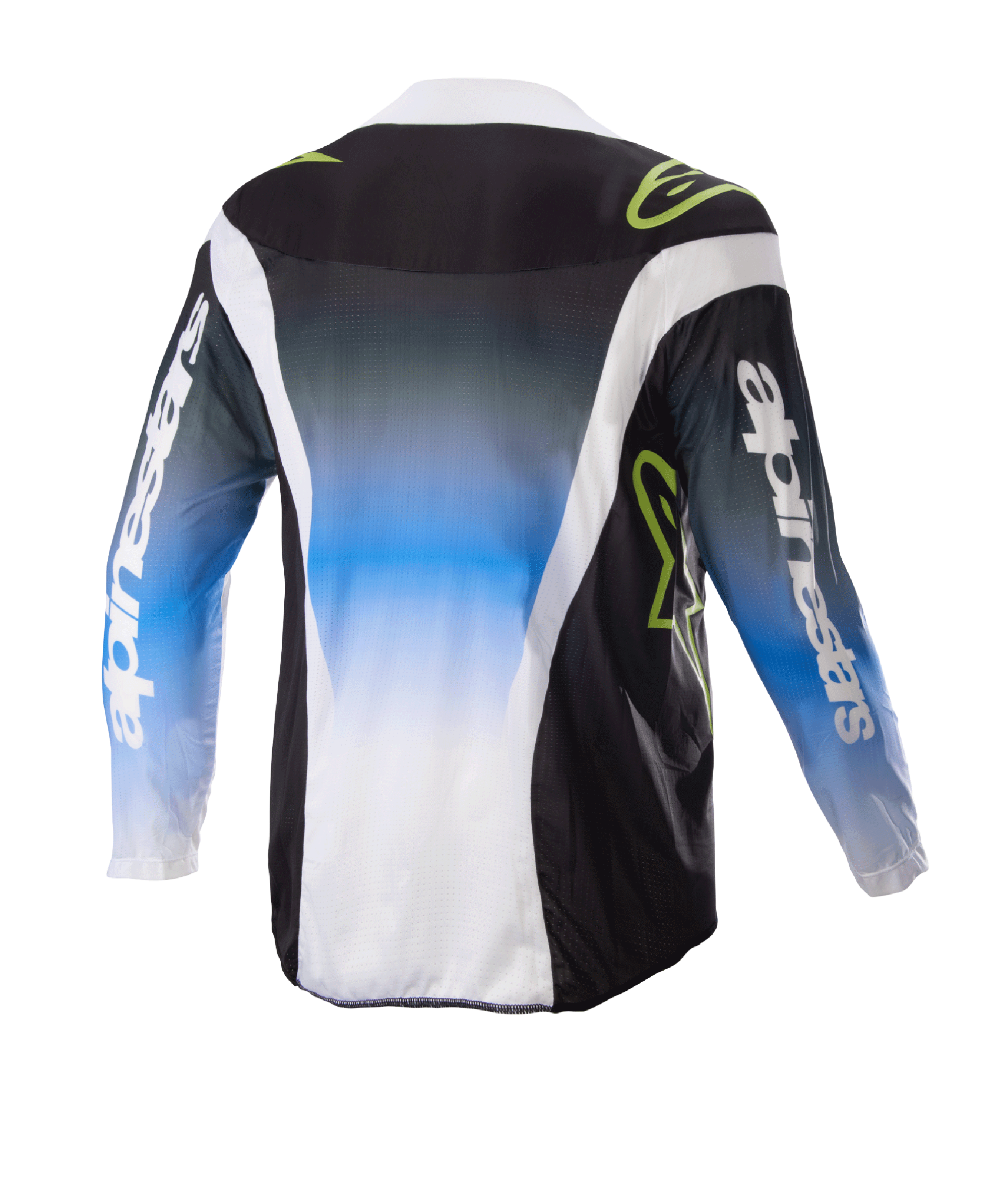 Alpinestars Kinder 2023 Racer Push Trikot, Motocross-Trikot, Nightlife UCLA Blau, Weiß und Schwarz, Rückansicht mit einem blau-weißen Farbverlauf in der Mitte, neongrünen Logos und weißen Seitenakzenten, langärmelige Offroad-Fahrbekleidung
