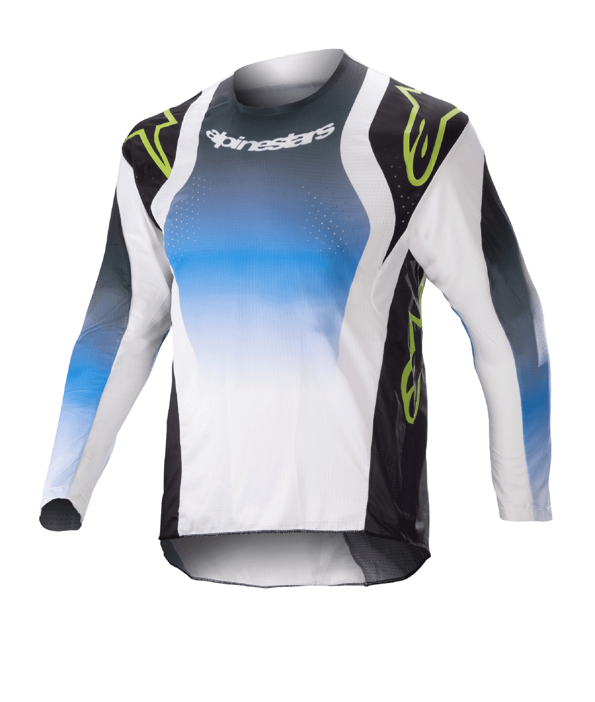 Alpinestars Kids 2023 Racer Push Jersey, Motocross-Langarmtrikot für Kinder, Blau, Weiß und Schwarz mit neongrünen Akzenten, Design mit Farbverlauf und Alpinestars-Logo auf der Brust, leichtes, atmungsaktives Material für Offroad-Performance