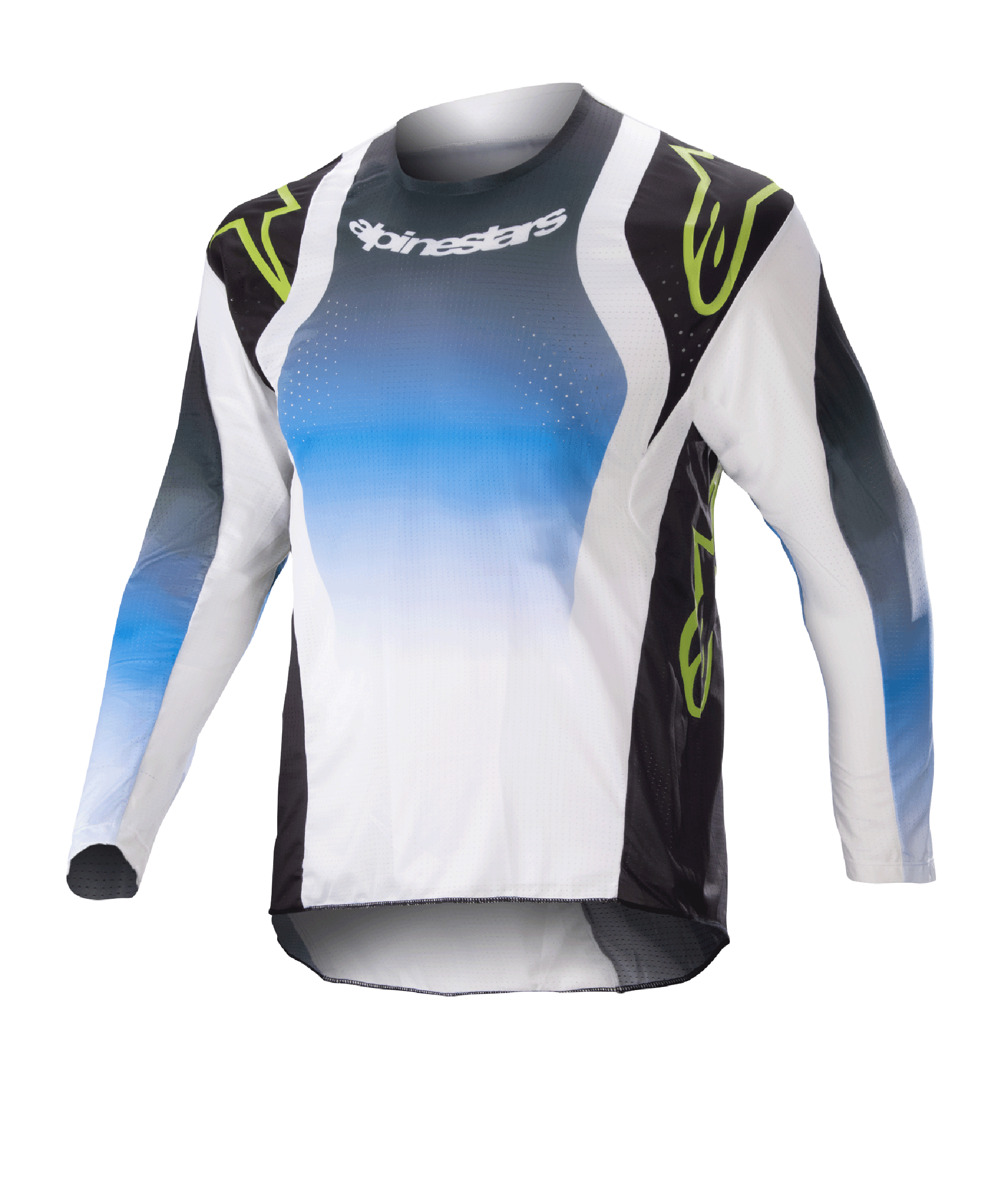 Alpinestars Kids 2023 Racer Push Jersey, Motocross-Langarmtrikot für Kinder, Blau, Weiß und Schwarz mit neongrünen Akzenten, Design mit Farbverlauf und Alpinestars-Logo auf der Brust, leichtes, atmungsaktives Material für Offroad-Performance