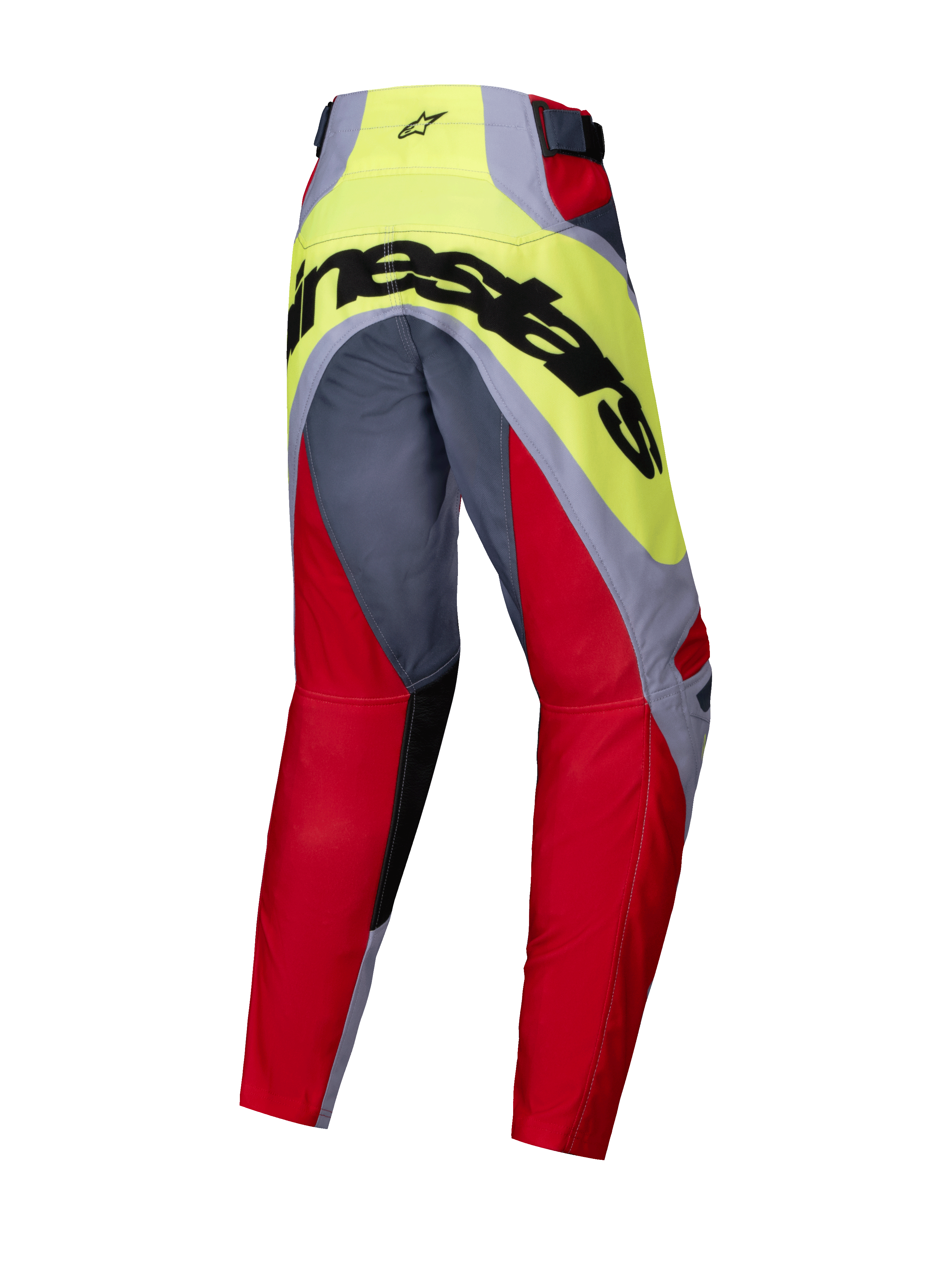 Alpinestars 2025 Youth Racer Melt Hose, Motocross-Hose, Hellrot und Grau mit neongelbem Sattel, Rückansicht mit großem schwarzem Alpinestars-Branding auf dem Gesäß, ergonomische, vorgeformte Konstruktion für Jugend-Motocross-Rennsport