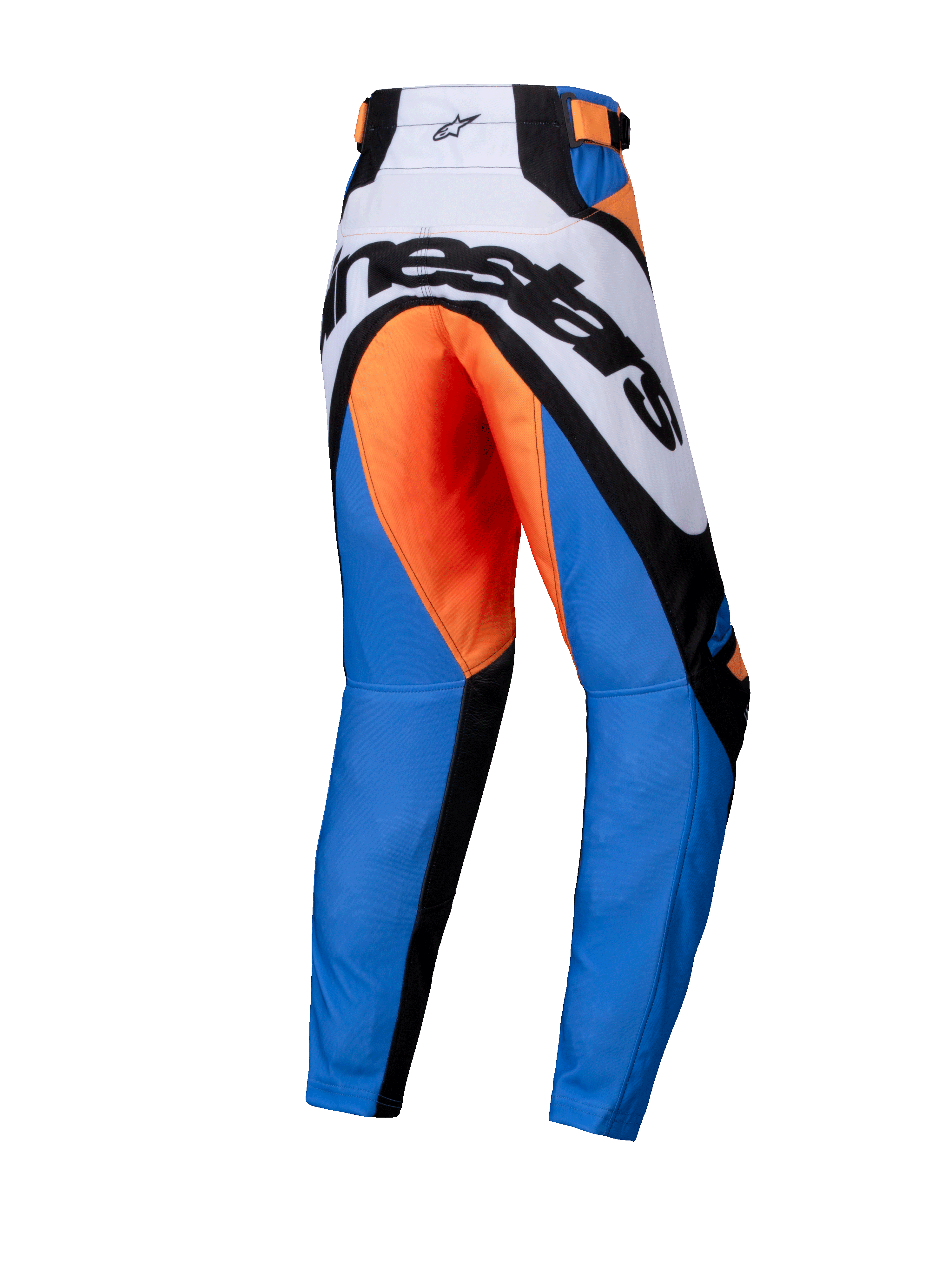 Alpinestars 2025 Youth Racer Melt broek, jeugd motorcross broek, oranje en blauw, achteraanzicht met opvallende zwarte Alpinestars-branding op het witte achterstuk, oranje zitvlak, blauwe broekspijpen en zwarte versterkte panelen, ergonomisch ontwerp voor off-road racen