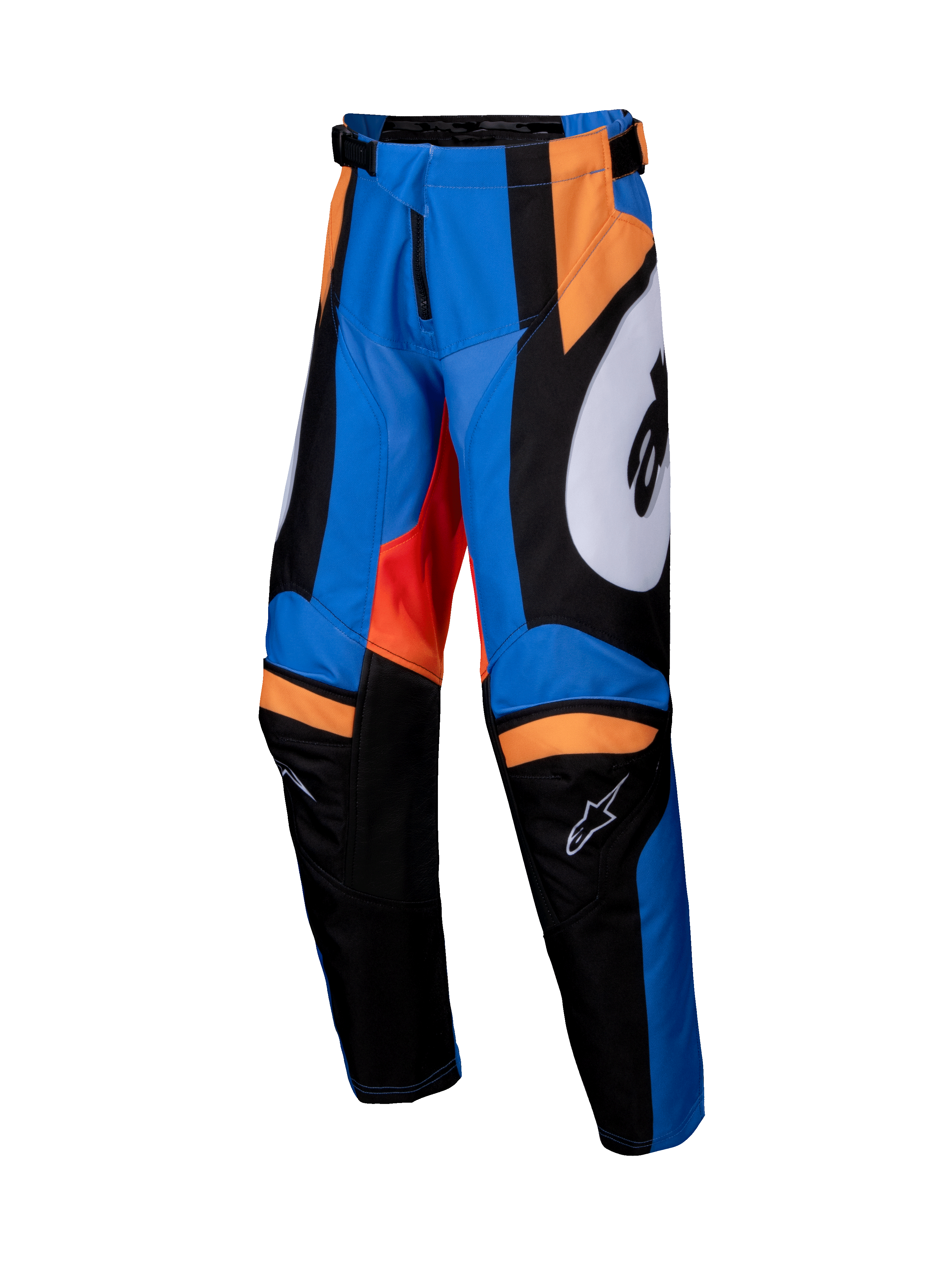 Alpinestars 2025 Youth Racer Melt Pants, Motocross Pants, Orange and Blue with Black and White accents, bold graphic panels, pre-curved leg construction, reinforced inner knees, adjustable waist with ratchet closure