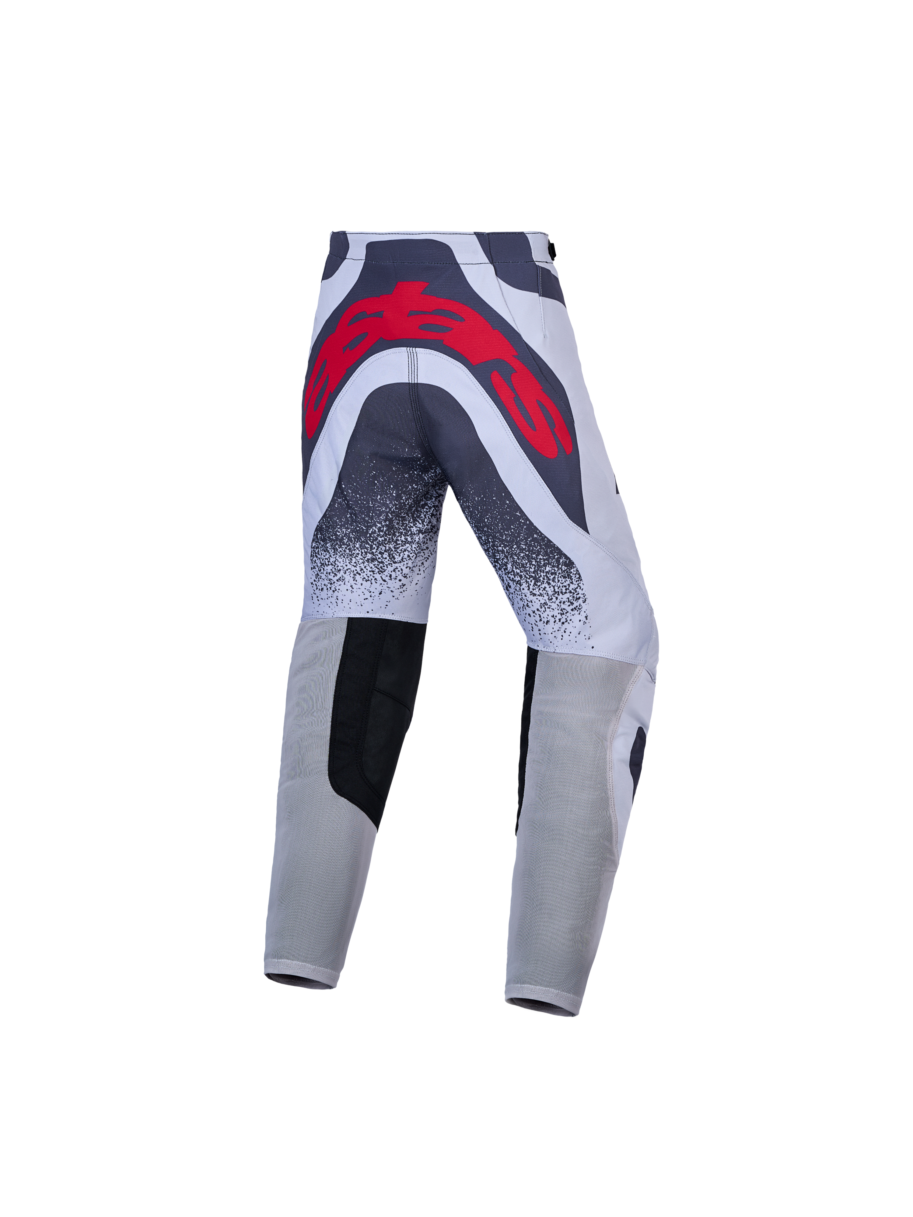Alpinestars jeugd Supertech Swan motorcrossbroek, grijs en rood, atletische racepasvorm met groot logo op de achterzijde.