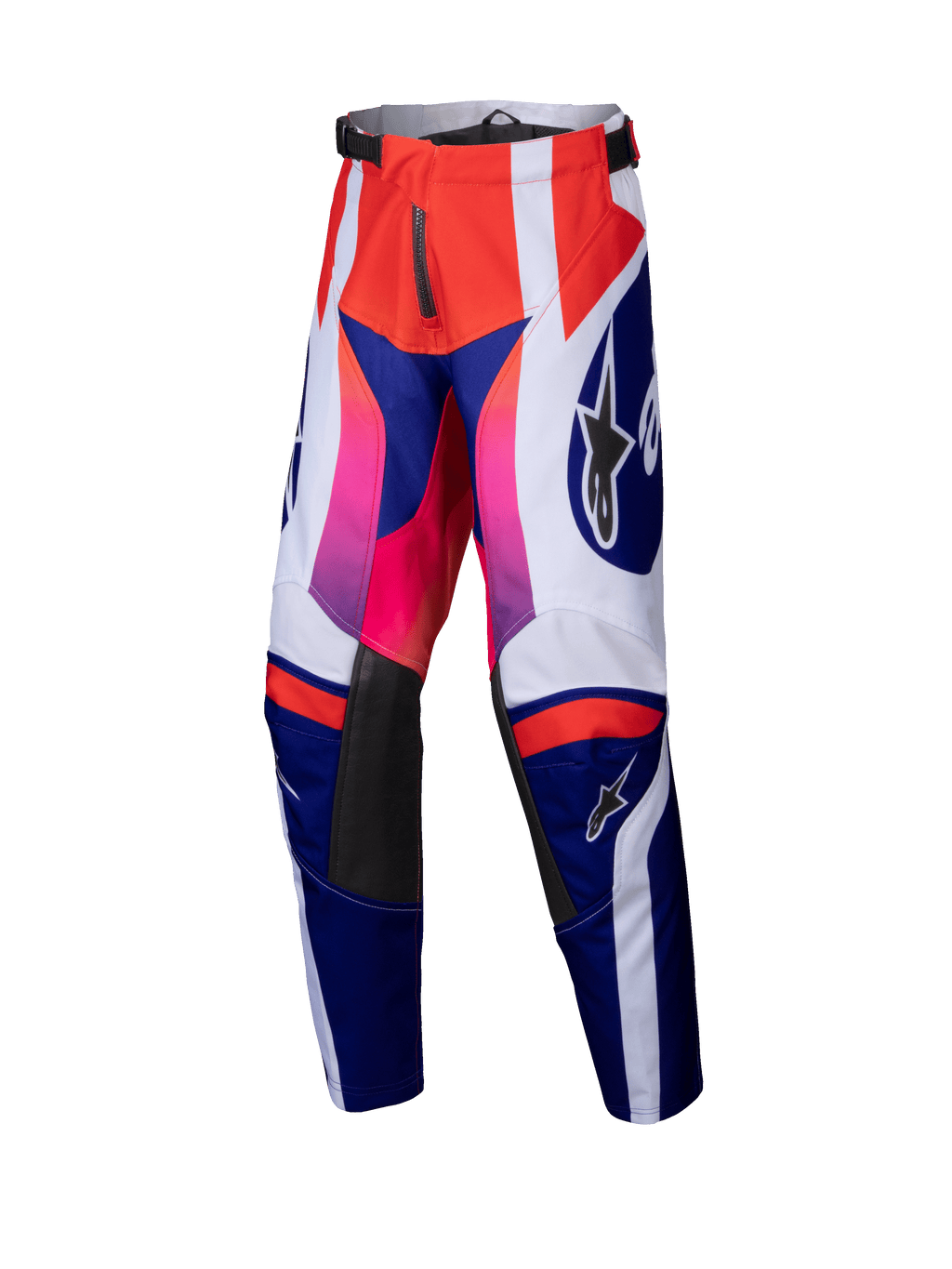 Alpinestars 2025 Youth Racer Wurx Hose, Motocross-Hose, Rot, Blau, Pink und Weiß, markantes geometrisches Muster mit Pink-zu-Rot-Farbverläufen, schwarze Lederbahnen an den Knieinnenseiten, verstellbarer Bund, strapazierfähige Textilkonstruktion für den Jugend-Offroad-Rennsport