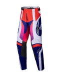 Alpinestars 2025 Youth Racer Wurx Hose, Motocross-Hose, Rot, Blau, Pink und Weiß, markantes geometrisches Muster mit Pink-zu-Rot-Farbverläufen, schwarze Lederbahnen an den Knieinnenseiten, verstellbarer Bund, strapazierfähige Textilkonstruktion für den Jugend-Offroad-Rennsport