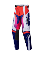 Alpinestars 2025 Youth Racer Wurx Hose, Motocross-Hose, Rot, Blau, Pink und Weiß, markantes geometrisches Muster mit Pink-zu-Rot-Farbverläufen, schwarze Lederbahnen an den Knieinnenseiten, verstellbarer Bund, strapazierfähige Textilkonstruktion für den Jugend-Offroad-Rennsport