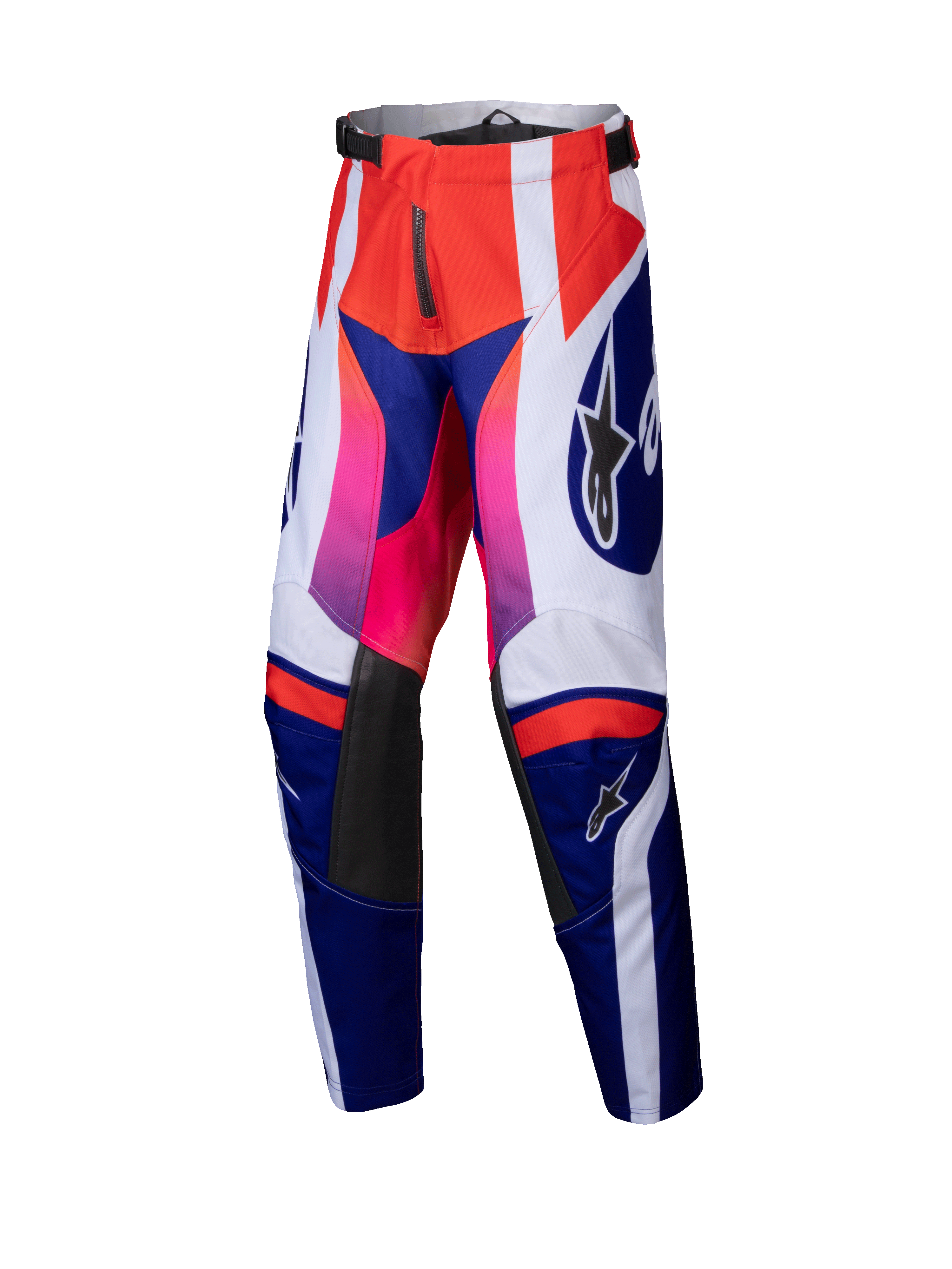 Alpinestars 2025 Youth Racer Wurx Hose, Motocross-Hose, Rot, Blau, Pink und Weiß, markantes geometrisches Muster mit Pink-zu-Rot-Farbverläufen, schwarze Lederbahnen an den Knieinnenseiten, verstellbarer Bund, strapazierfähige Textilkonstruktion für den Jugend-Offroad-Rennsport