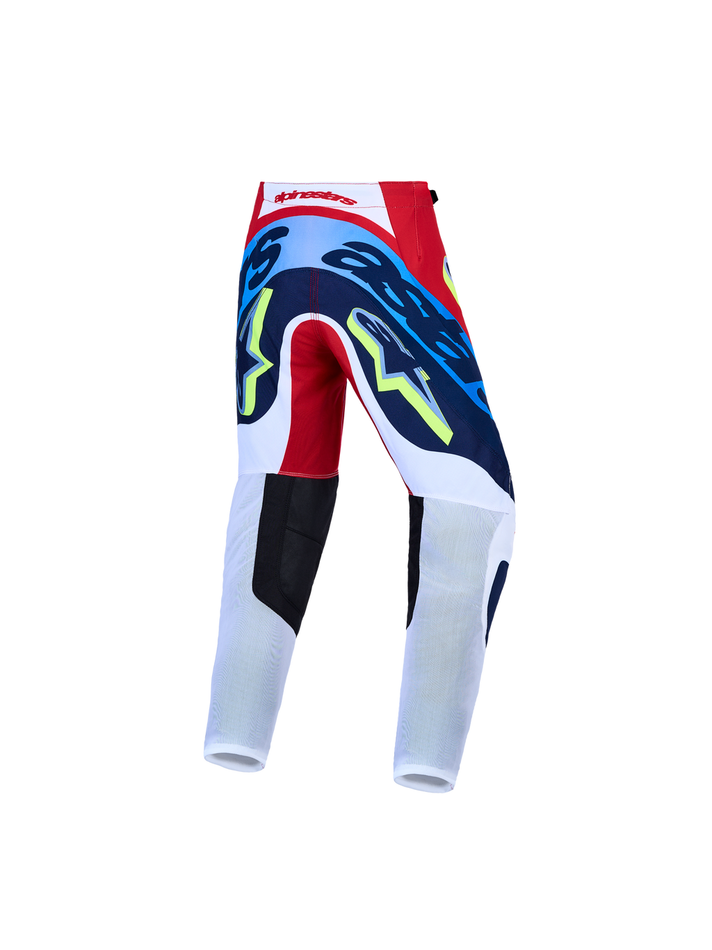 Alpinestars jeugd Supertech Dyna broek AND gear set, motorcrossbroek, rood, wit en navyblauw, achteraanzicht.