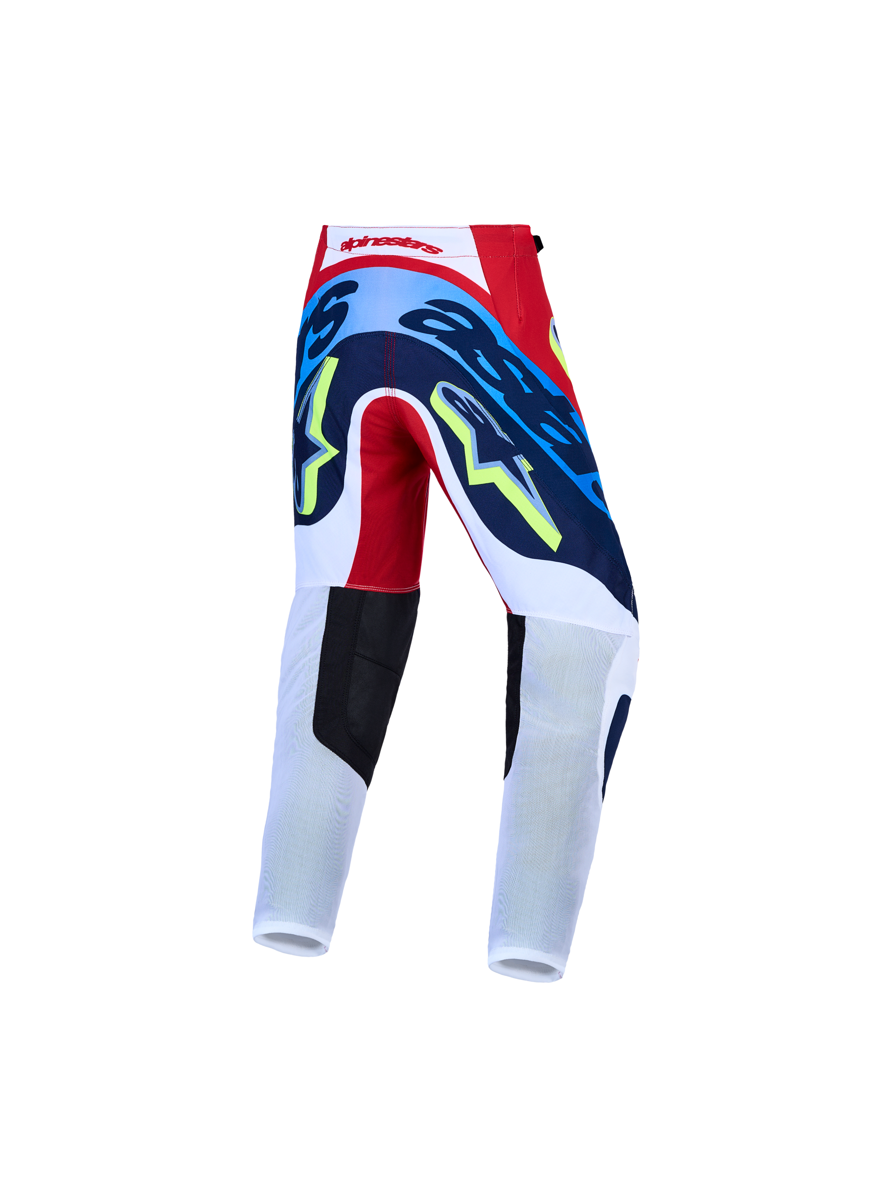 Alpinestars jeugd Supertech Dyna broek AND gear set, motorcrossbroek, rood, wit en navyblauw, achteraanzicht.