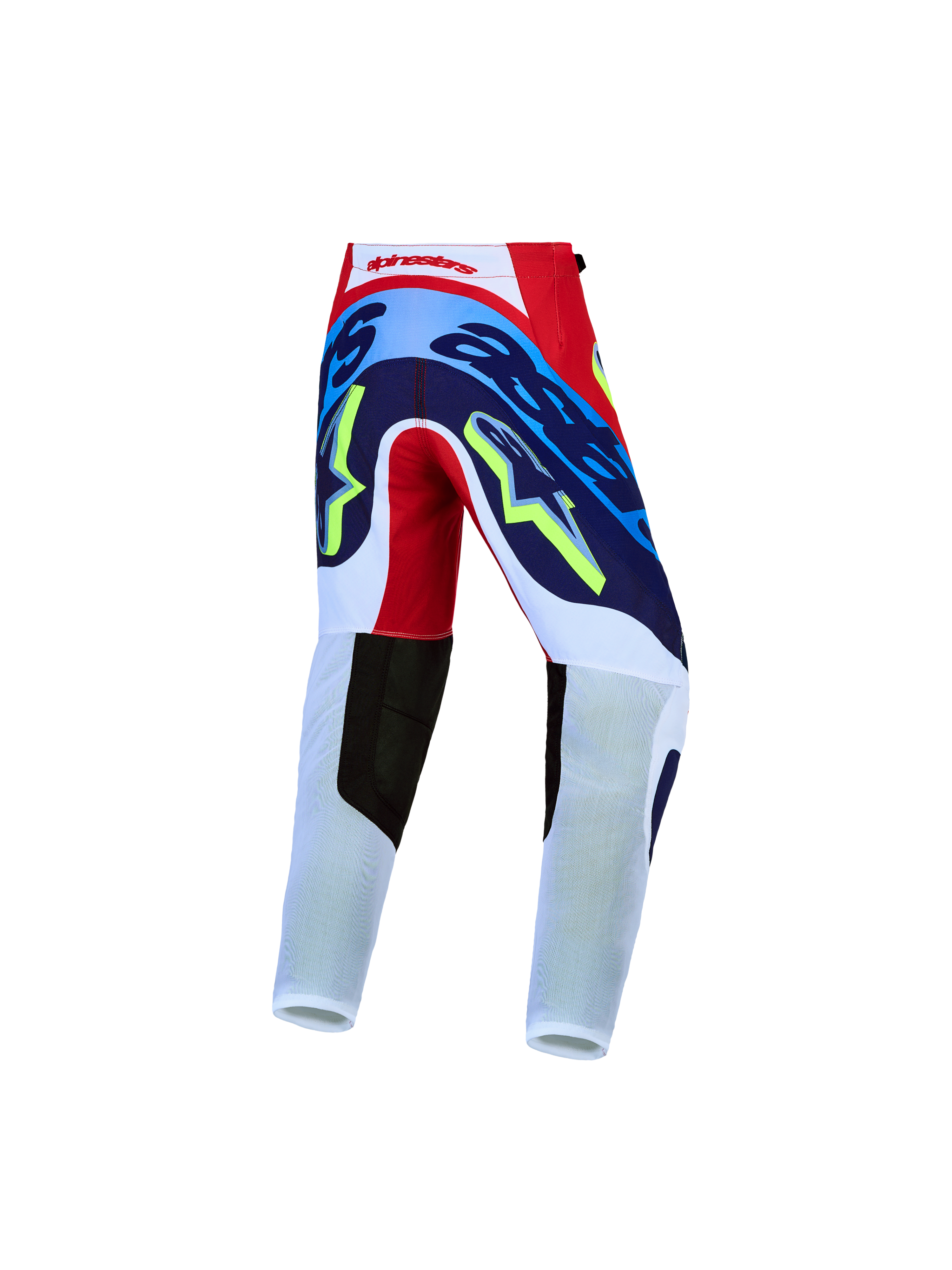 Alpinestars Youth Supertech Dyna Pants for Motocross, Red, White, and Navy Blue, featuring durable 4-way stretch textile.
