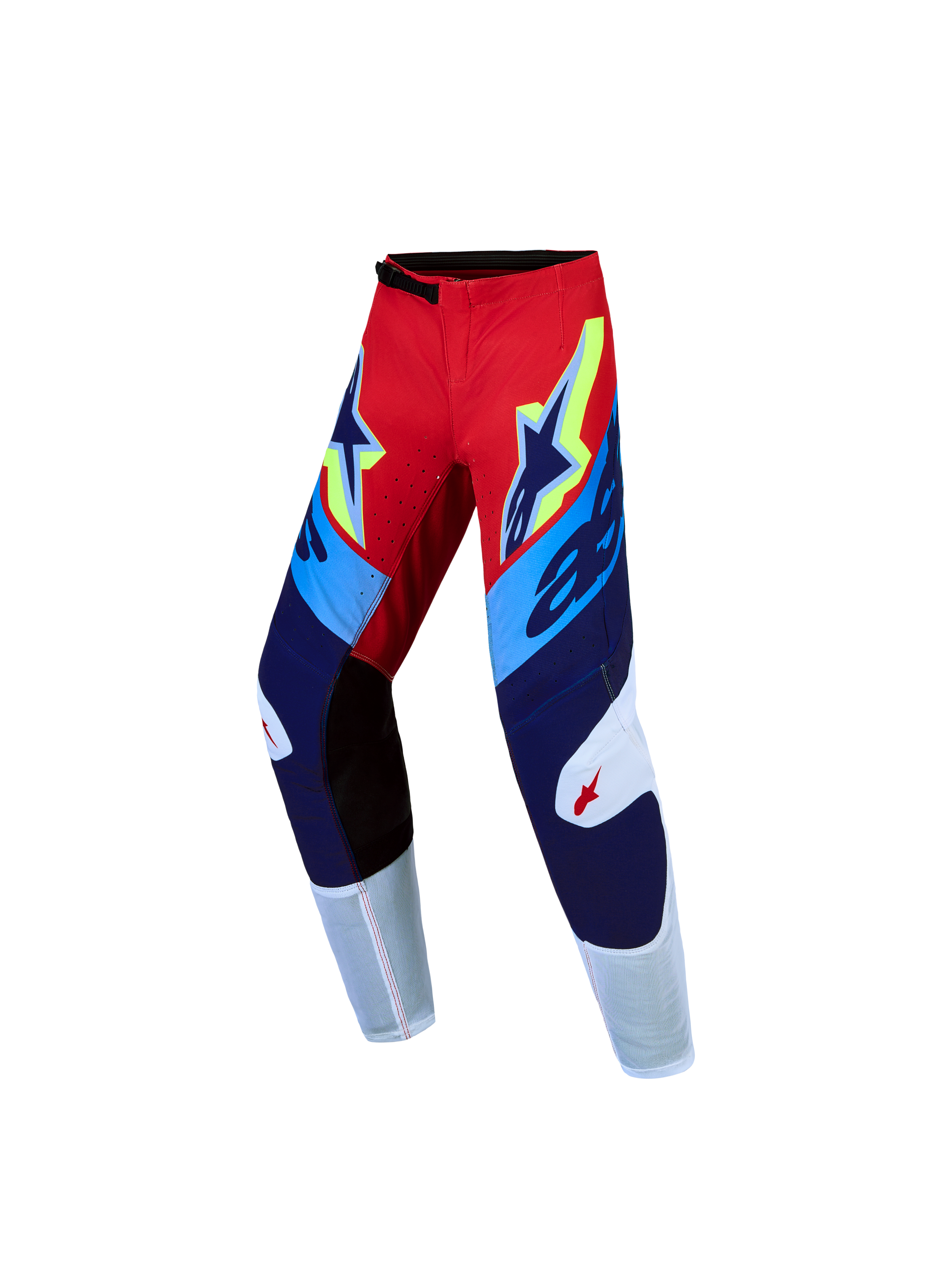 Alpinestars 2027 Youth Supertech Dyna Pants, youth motocross racing pants in fire red and navy blue with stretch panels.