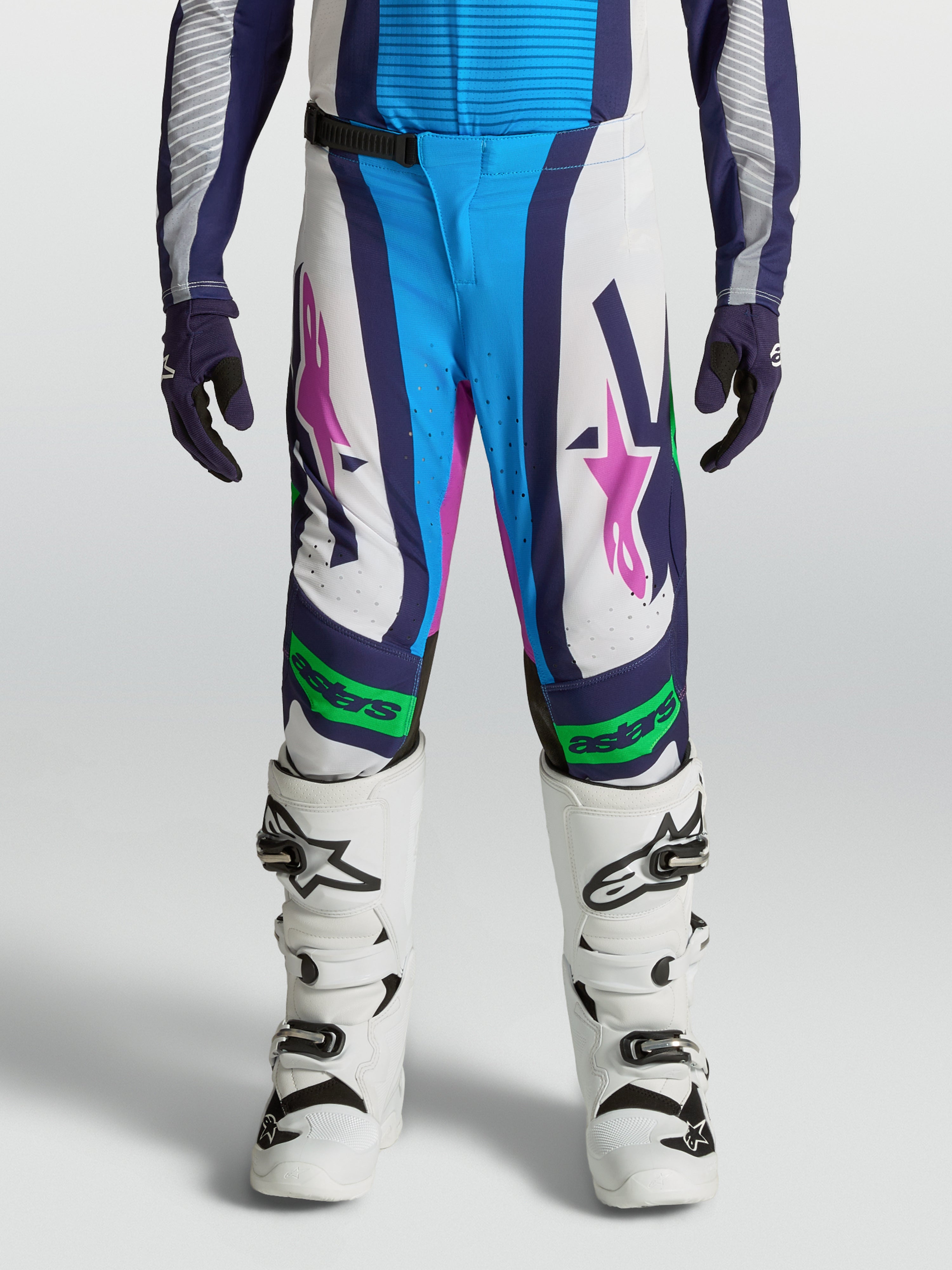 Alpinestars Jeugd Supertech Maven broek, motorcrossbroek, wit en blauw met fluogroene accenten, atletische pasvorm.