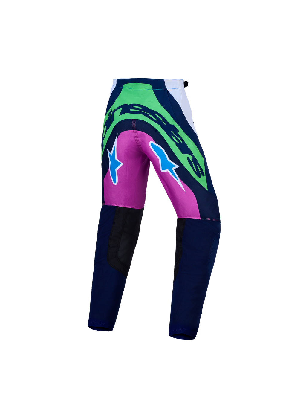 Alpinestars Jeugd Supertech Maven broek AND Supertech Maven gear set, blauw en fluo groen, motorcrossbroek, achteraanzicht.