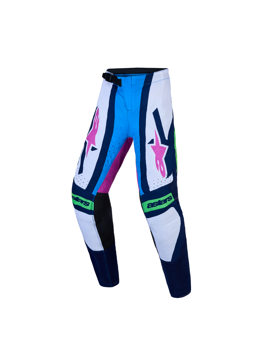 Alpinestars Jeugd Supertech Maven broek, blauw-witte motorcrossbroek met roze en groene accenten, atletische pasvorm en ratelsluiting.