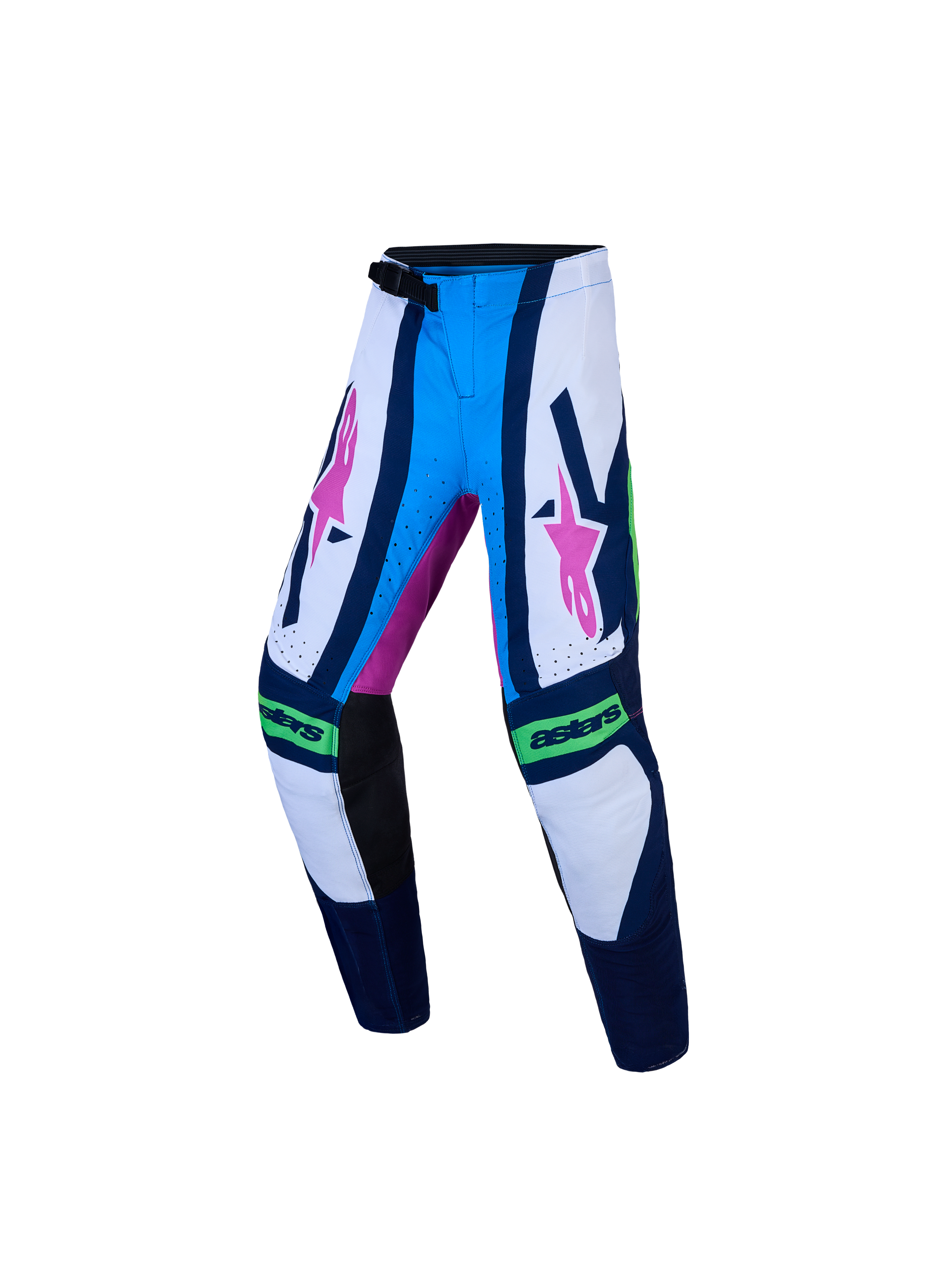 Alpinestars Jeugd Supertech Maven broek, blauw-witte motorcrossbroek met roze en groene accenten, atletische pasvorm en ratelsluiting.