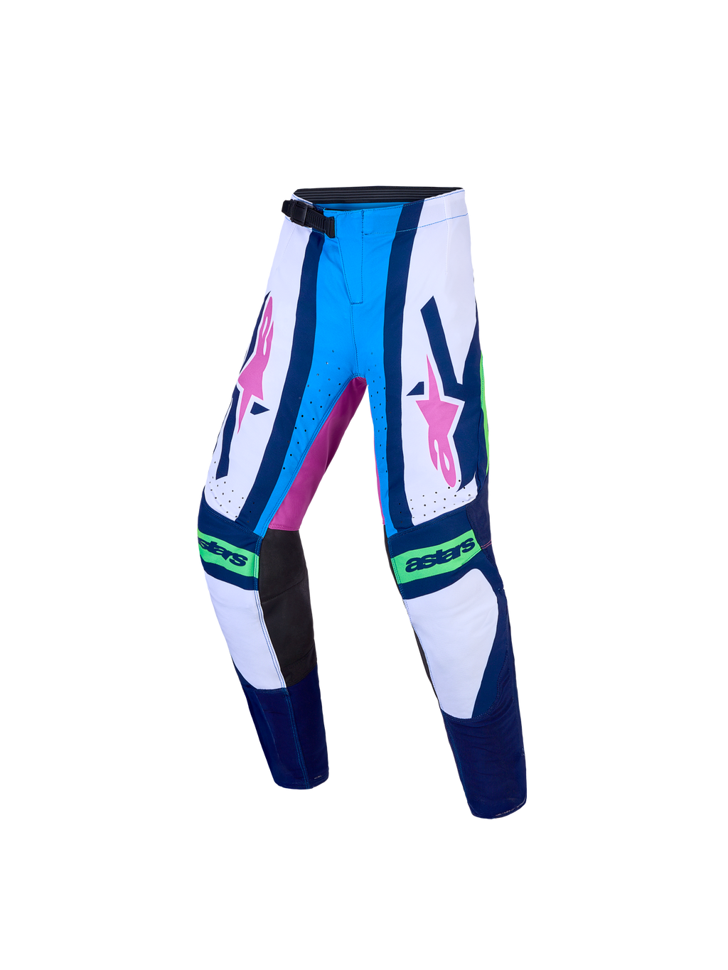 Alpinestars Jeugd Supertech Maven broek, motorcross-racebroek voor kinderen, blauw en wit met roze graphics en atletische pasvorm.