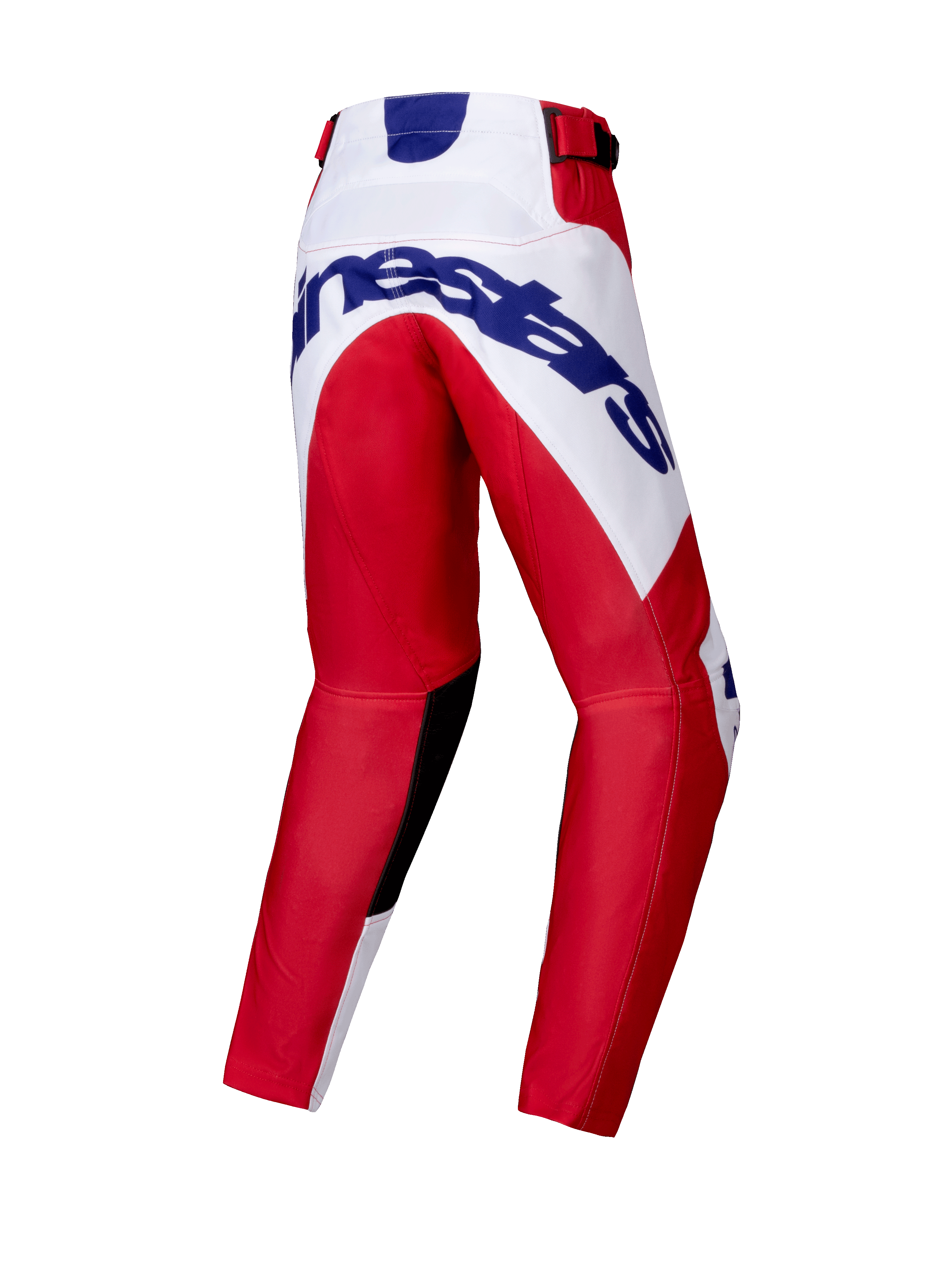Alpinestars 2025 Youth Racer Veil Pants, pantalon de motocross, rouge vif et blanc, vue arrière montrant un grand logo Alpinestars bleu sur l'assise, jambes pré-cintrées, empiècements intérieurs noirs aux genoux et fermeture à cliquet à la taille.