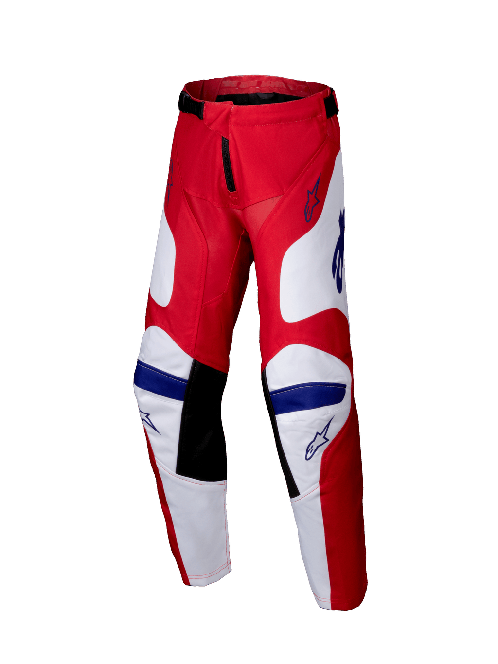 Alpinestars 2025 Youth Racer Veil Pants, pantalon de motocross, rouge vif et blanc avec accents bleus, panneaux intérieurs aux genoux noirs, design ergonomique pré-cintré, poly-tissu durable pour la course tout-terrain