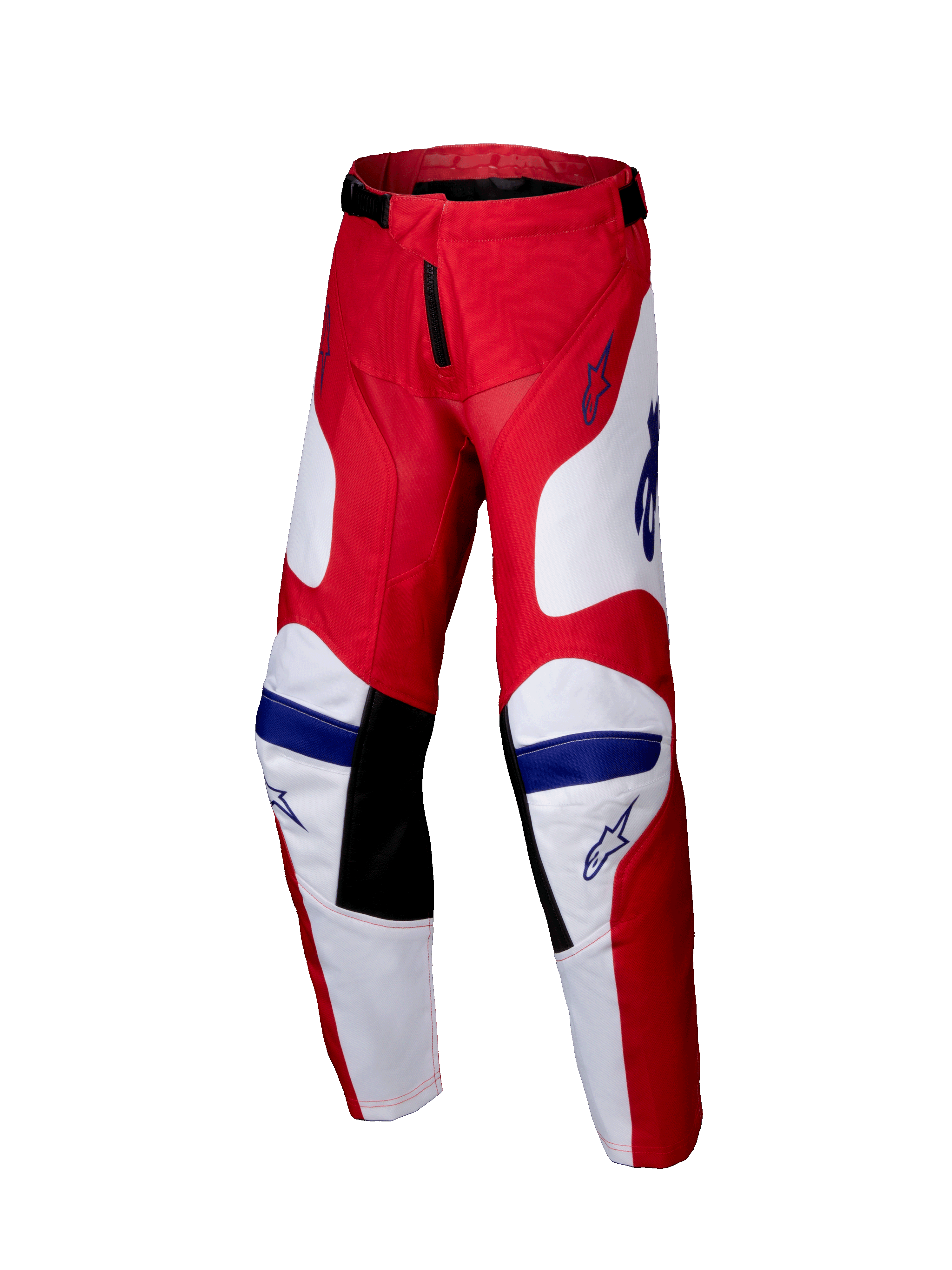 Alpinestars 2025 Youth Racer Veil Pants, pantalon de motocross, rouge vif et blanc avec accents bleus, panneaux intérieurs aux genoux noirs, design ergonomique pré-cintré, poly-tissu durable pour la course tout-terrain