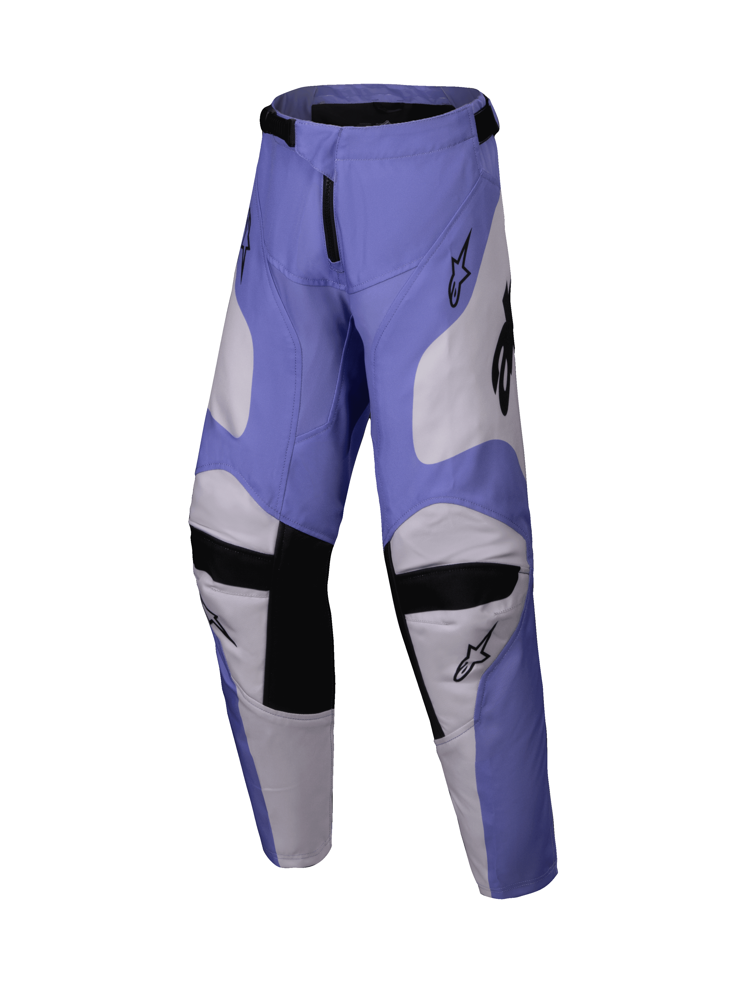 Alpinestars 2025 Youth Racer Veil broek, jeugd motorcrossbroek, paars en wit met zwart, voorzien van geitenleren kniepanelen aan de binnenzijde en een voorgevormd ergonomisch ontwerp, duurzame off-road rijkleding voor de jeugd