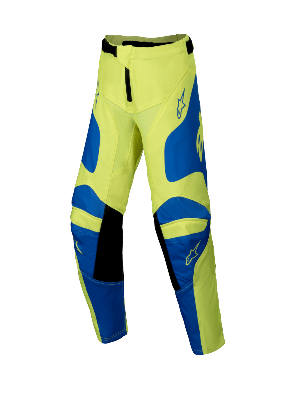 Alpinestars 2025 Youth Racer Veil motorcrossbroek, fluogeel en blauw met zwarte details, jeugd off-road kleding, voorzien van stervormige logo's op dijen en knieën, ergonomisch voorgevormd ontwerp voor off-road racing