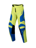 Alpinestars 2025 Youth Racer Veil motorcrossbroek, fluogeel en blauw met zwarte details, jeugd off-road kleding, voorzien van stervormige logo's op dijen en knieën, ergonomisch voorgevormd ontwerp voor off-road racing