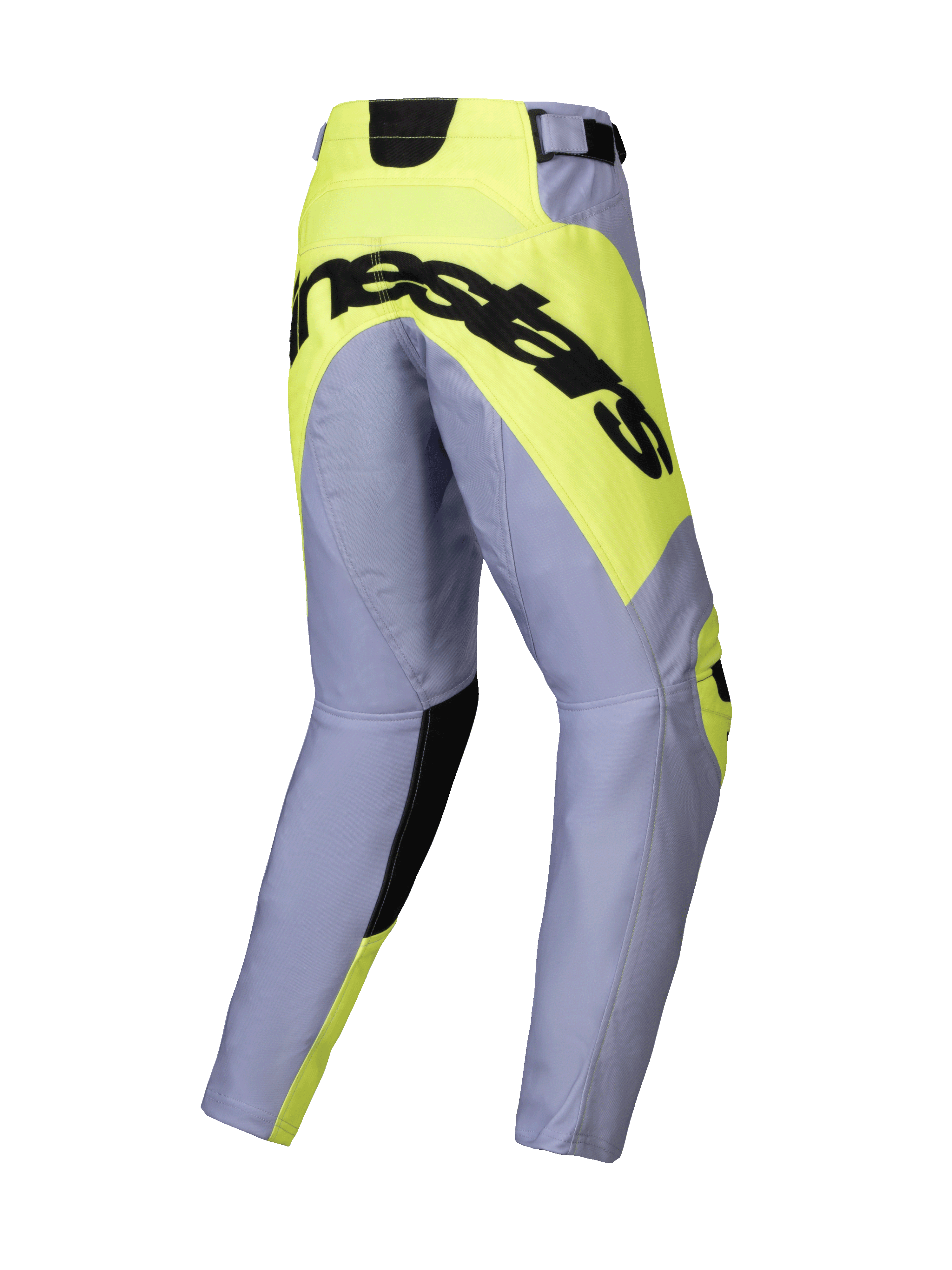 Alpinestars 2025 Youth Racer Veil Hose, Motocross-Hose, Grau und Gelb Fluo, Rückansicht mit markantem schwarzem Alpinestars-Logo auf neongelbem Gesäßpaneel, vorgeformte Beinkonstruktion für Offroad-Rennsport