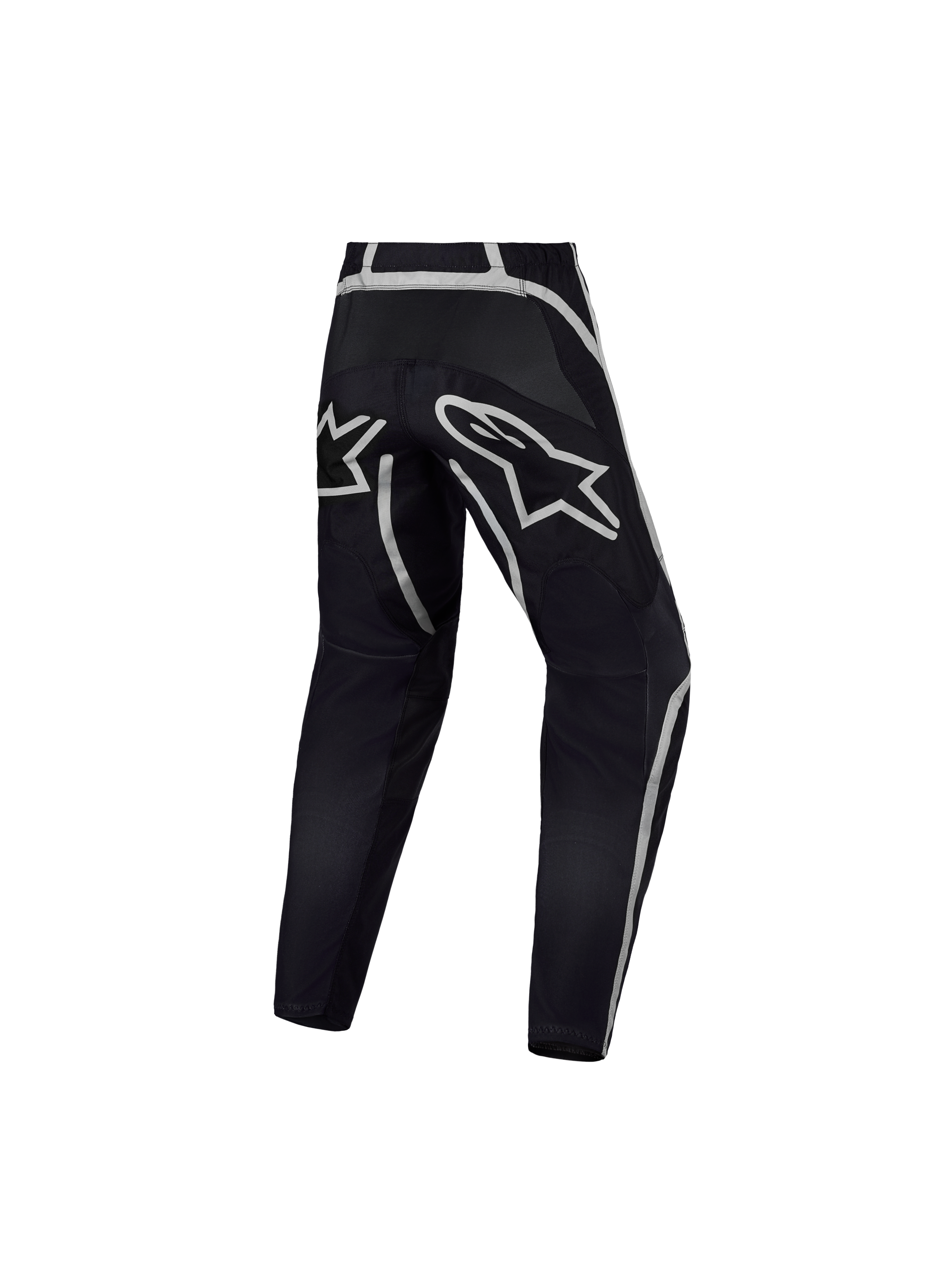 Alpinestars Jeugd Fluid Apex V2 broek, motorcrossbroek in zwart en zilver, achteraanzicht met ergonomische constructie.