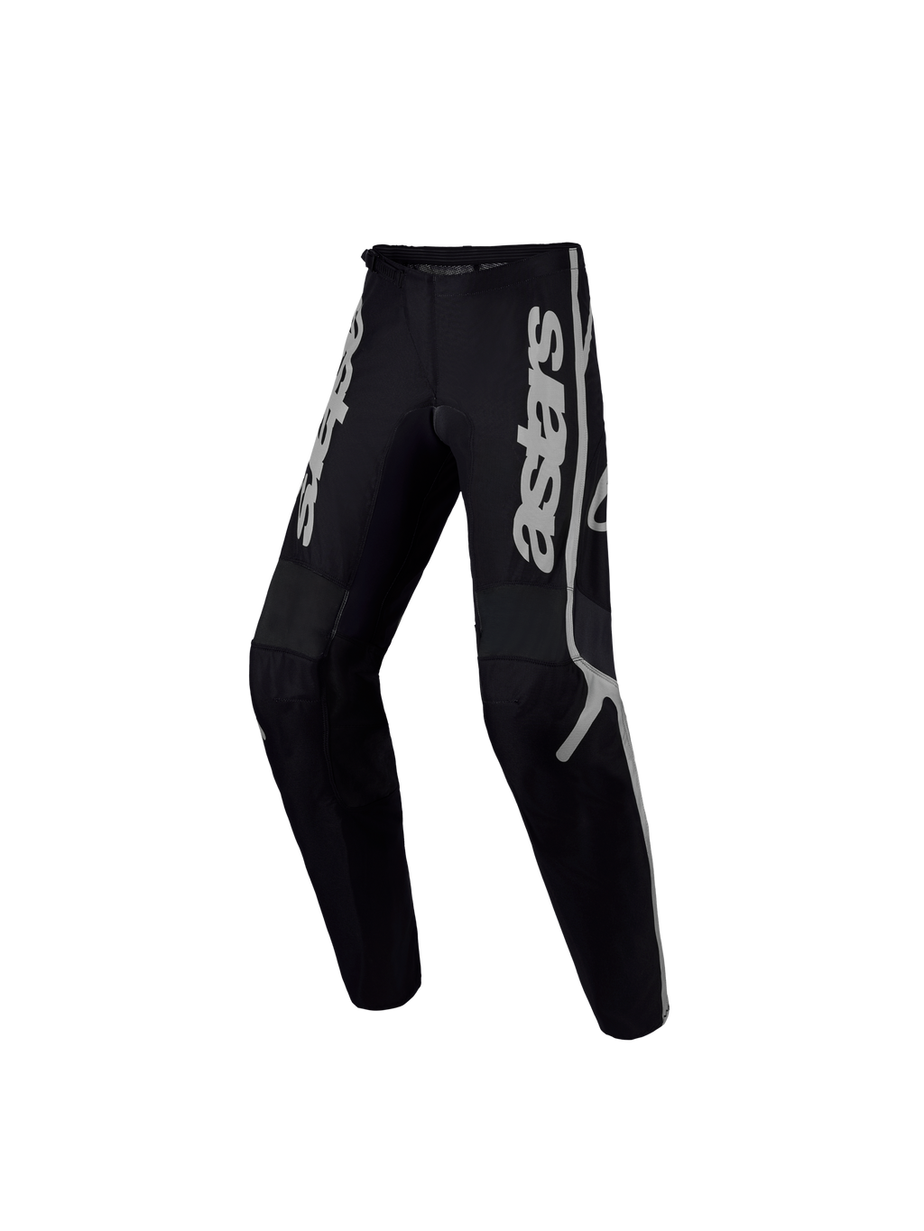 Alpinestars Jeugd Fluid Apex V2 Broek, zwarte en zilveren motocrossbroek voor kinderen, duurzame textielconstructie.
