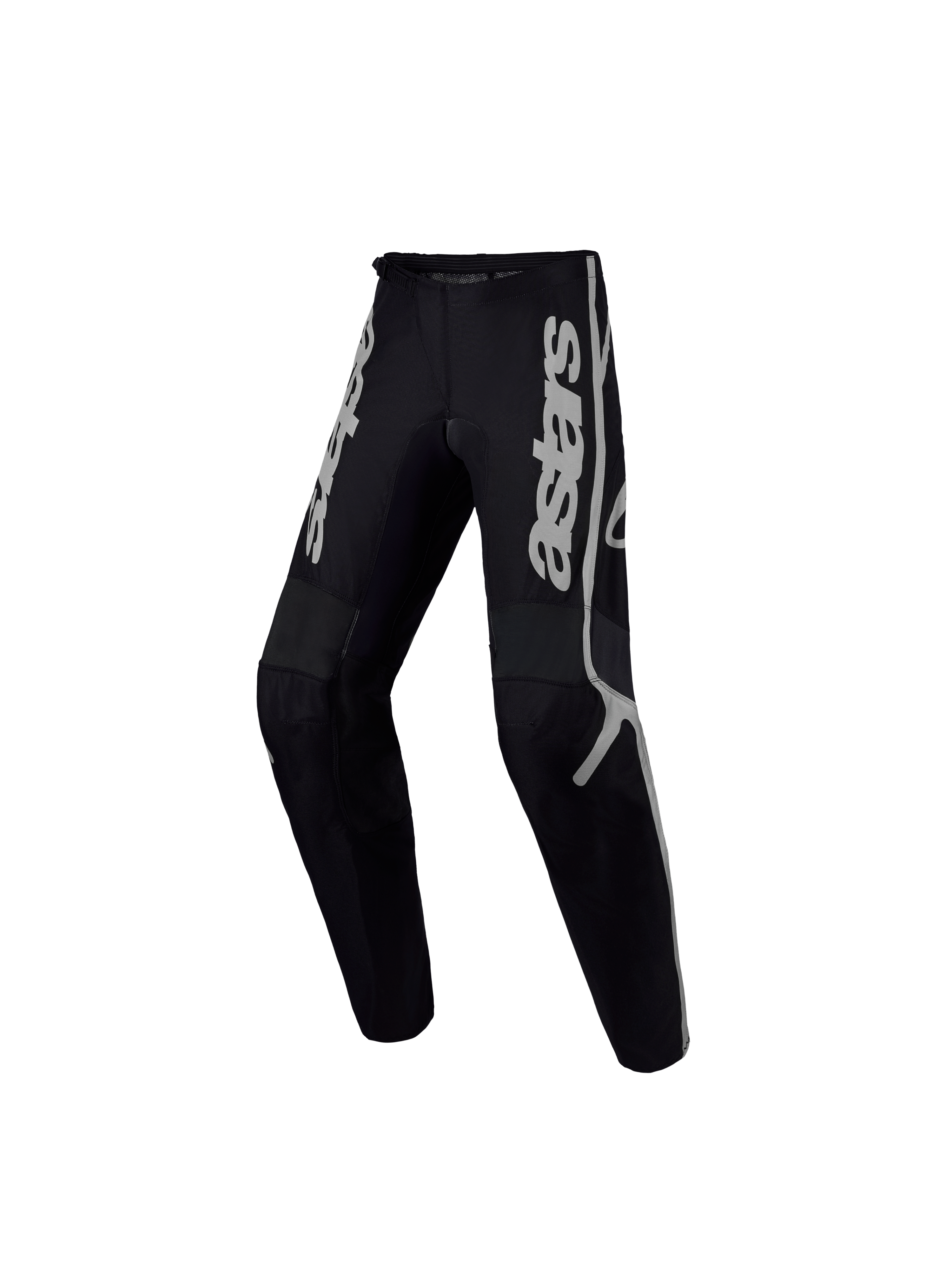 Alpinestars Jeugd Fluid Apex V2 Broek, zwarte en zilveren motocrossbroek voor kinderen, duurzame textielconstructie.