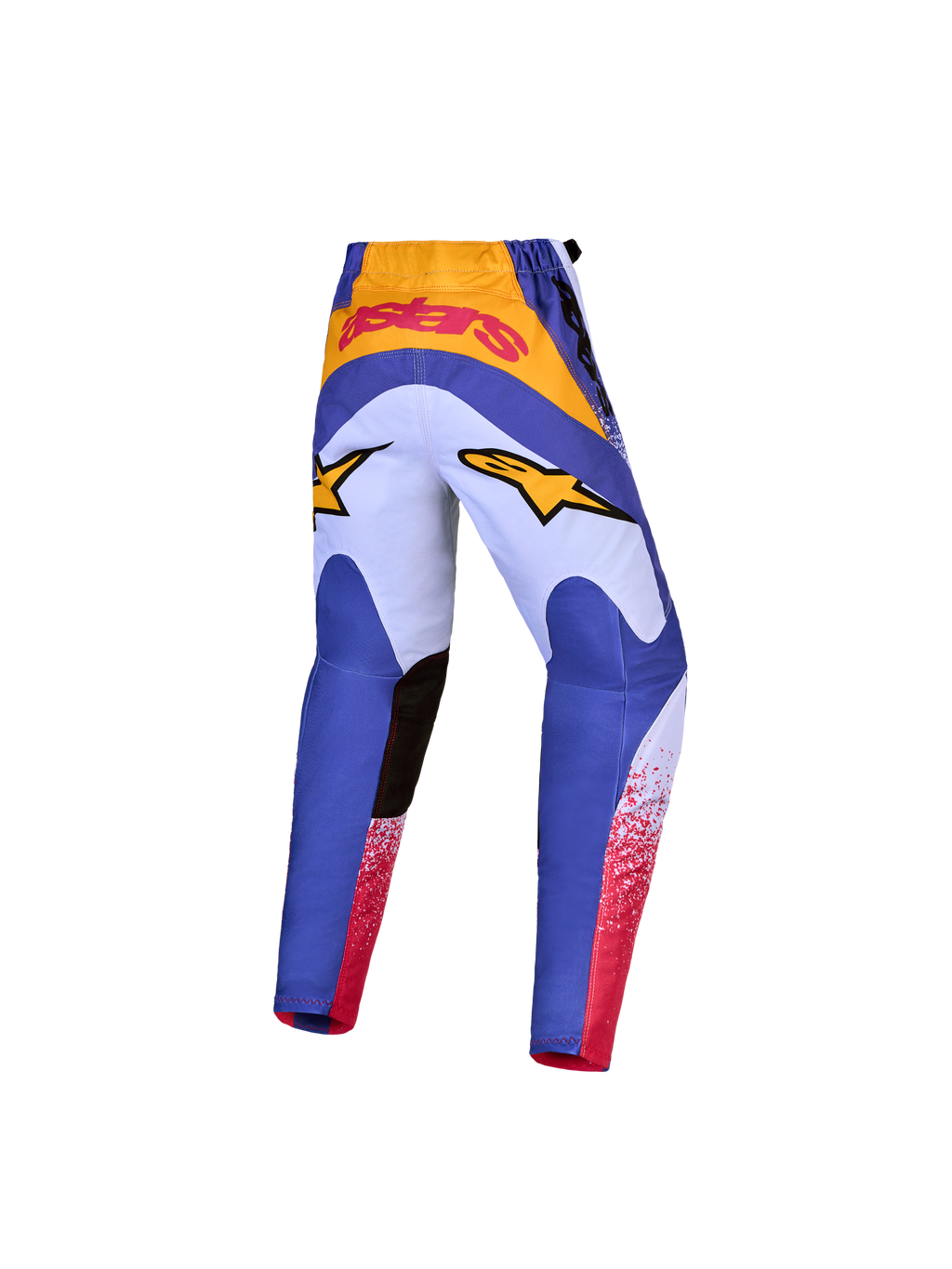 Alpinestars Jeugd Fluid Drag broek 2027, blauwe en gouden motocrossbroek met voorgevormde ergonomische pasvorm voor jonge rijders.