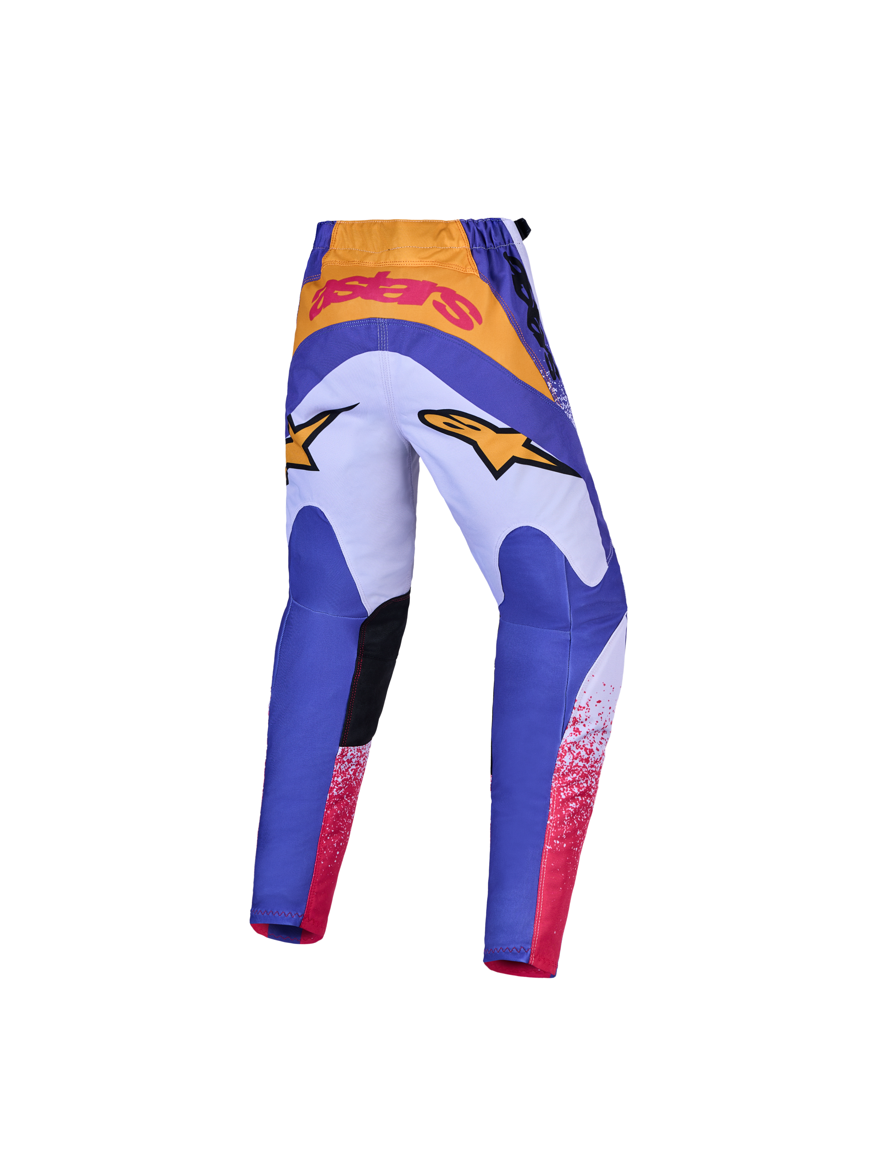 Alpinestars jeugd Fluid Drag broek, blauwe en paarse motocrossbroek met gouden accenten en versterkt zitvlak.