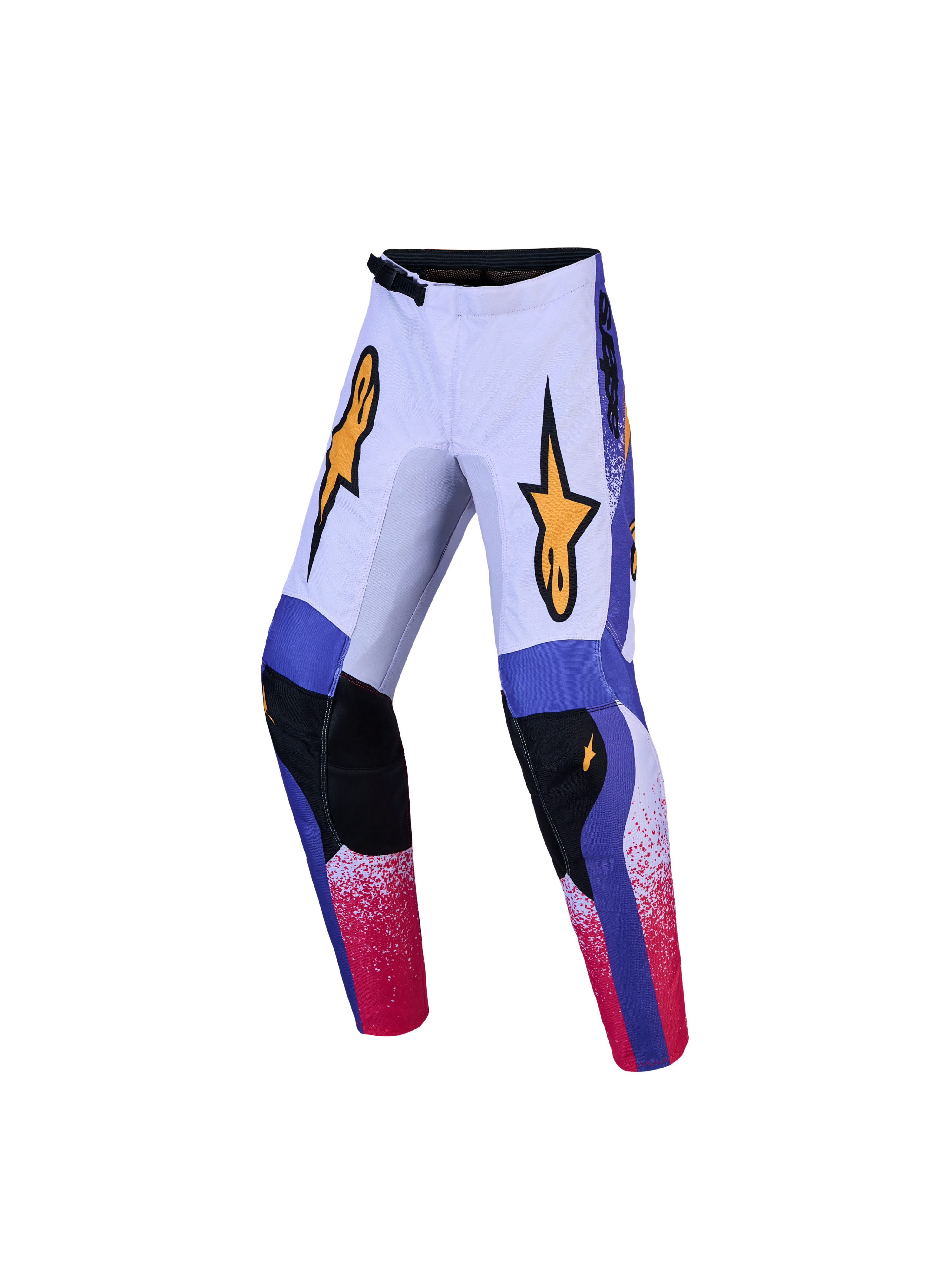 Alpinestars Jeugd Fluid Drag Broek, motocrossbroek in lilac en blauw met rode accenten, duurzame 600D polystof, ergonomische pasvorm voor off-road.