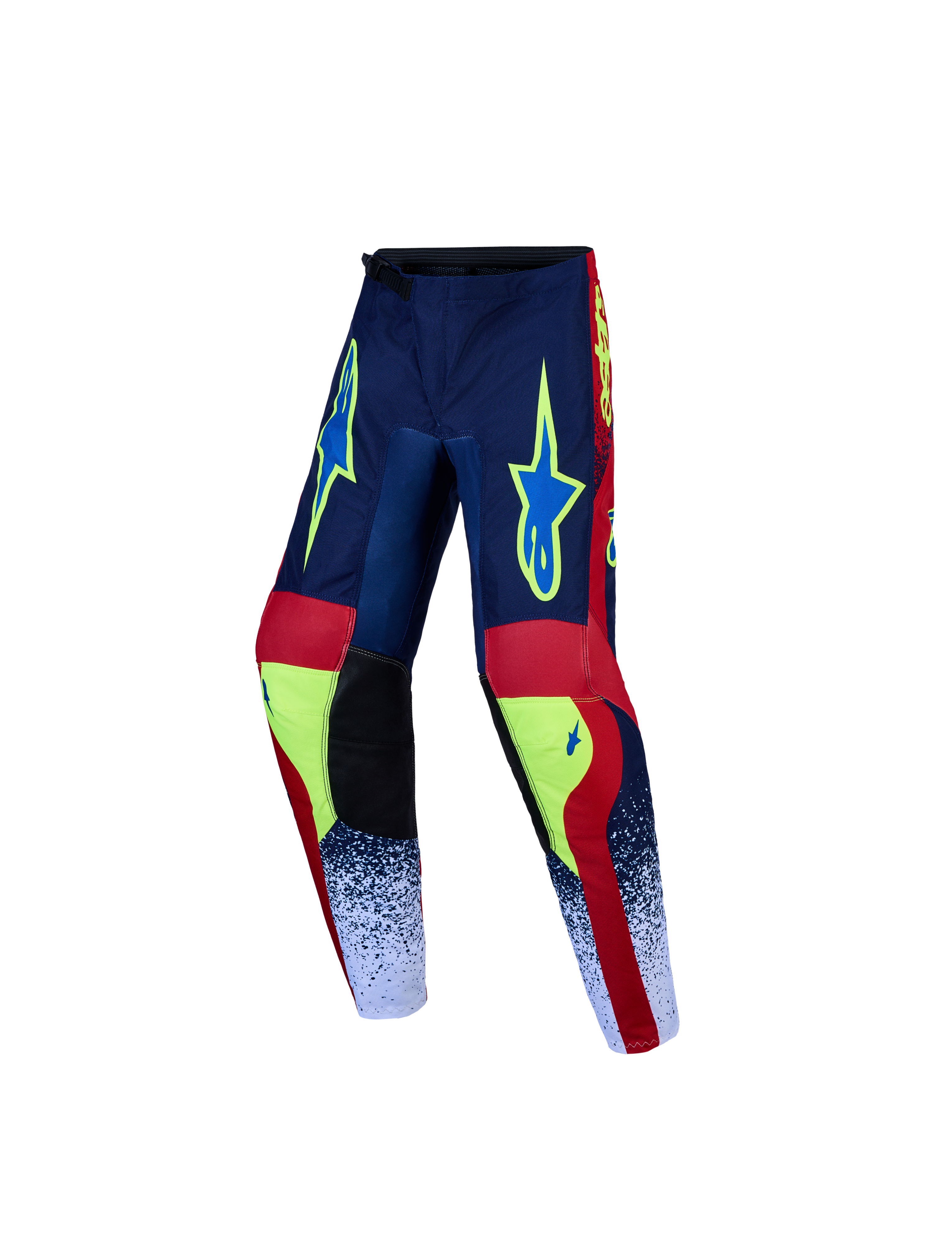 Alpinestars Jeugd Fluid Drag broek, motorcrossbroek, navy blauw en rood, duurzaam textiel met een voorgevormd ontwerp.