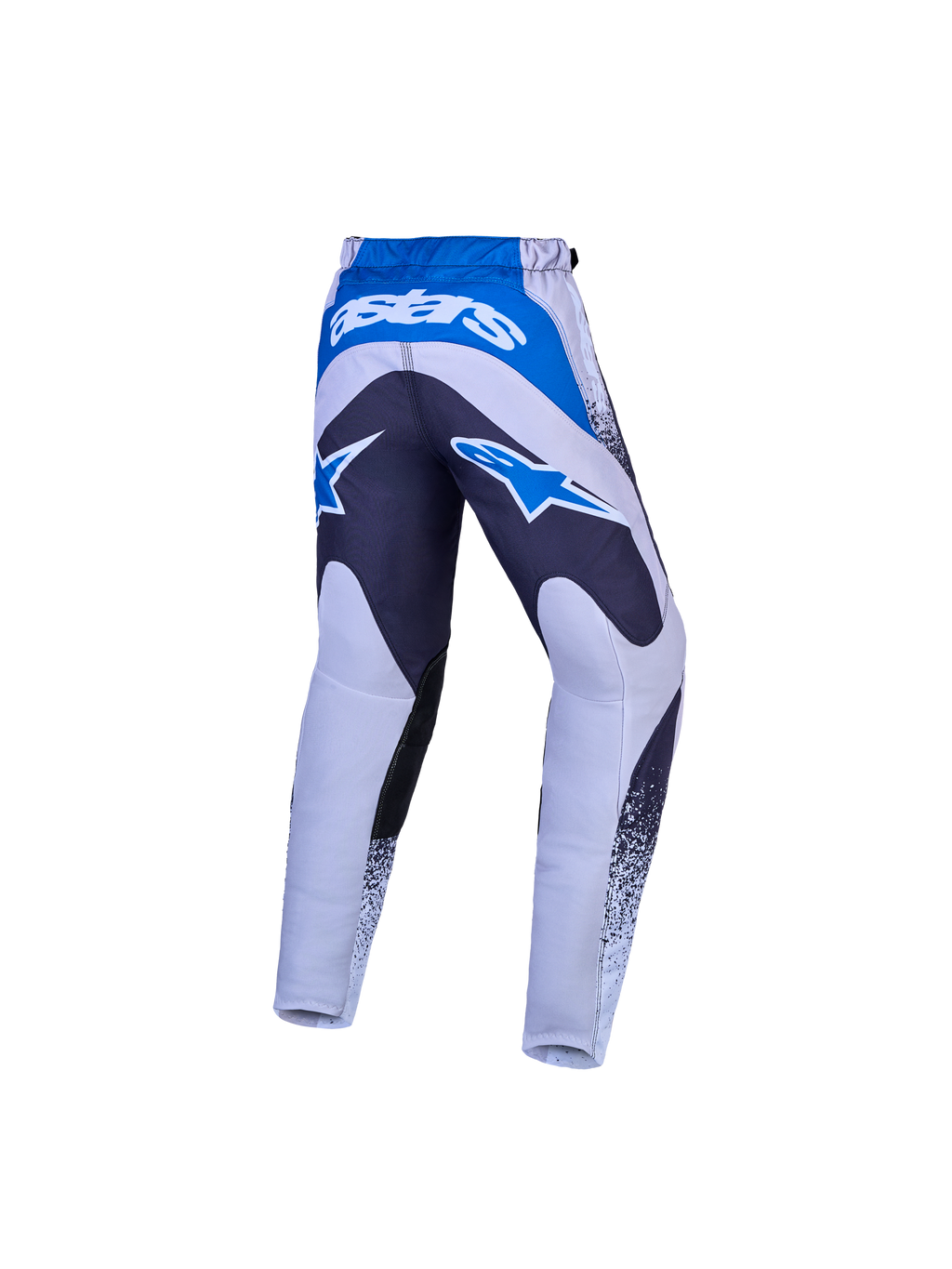 Alpinestars jeugd Fluid Drag broek, motorcrossbroek voor jeugd, achteraanzicht, grijs en blauw, ergonomische pasvorm.