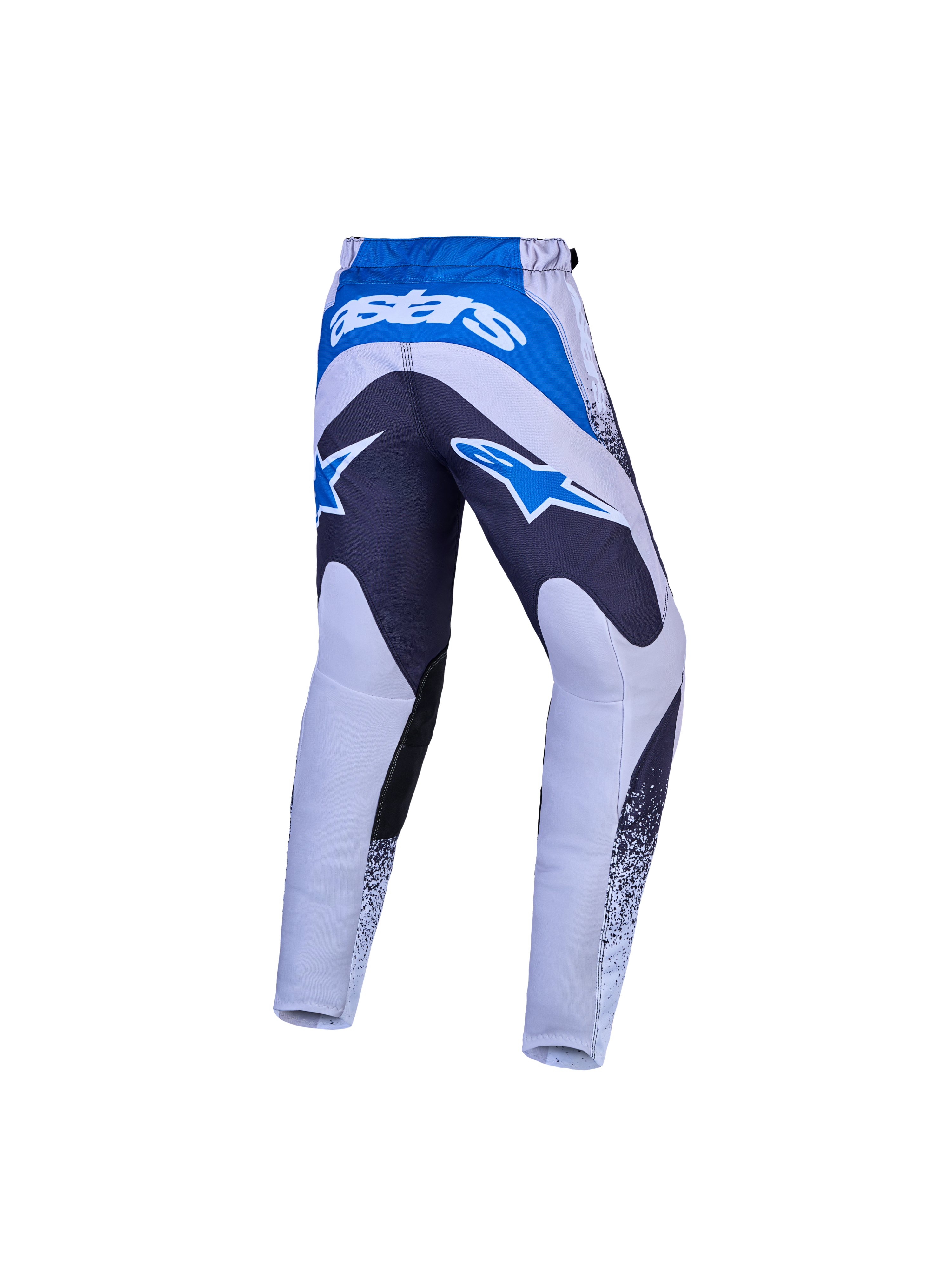 Alpinestars jeugd Fluid Drag broek, motorcrossbroek voor jeugd, achteraanzicht, grijs en blauw, ergonomische pasvorm.