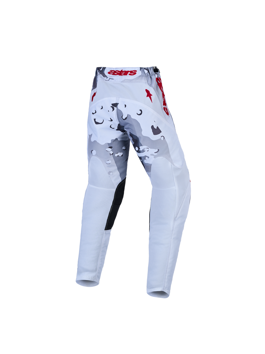 Alpinestars Jeugd Fluid Lone Broek, motorcrossbroek voor kinderen in wit en grijs camouflagepatroon met rode accenten en een versterkt zitvlak voor off-road rijden.