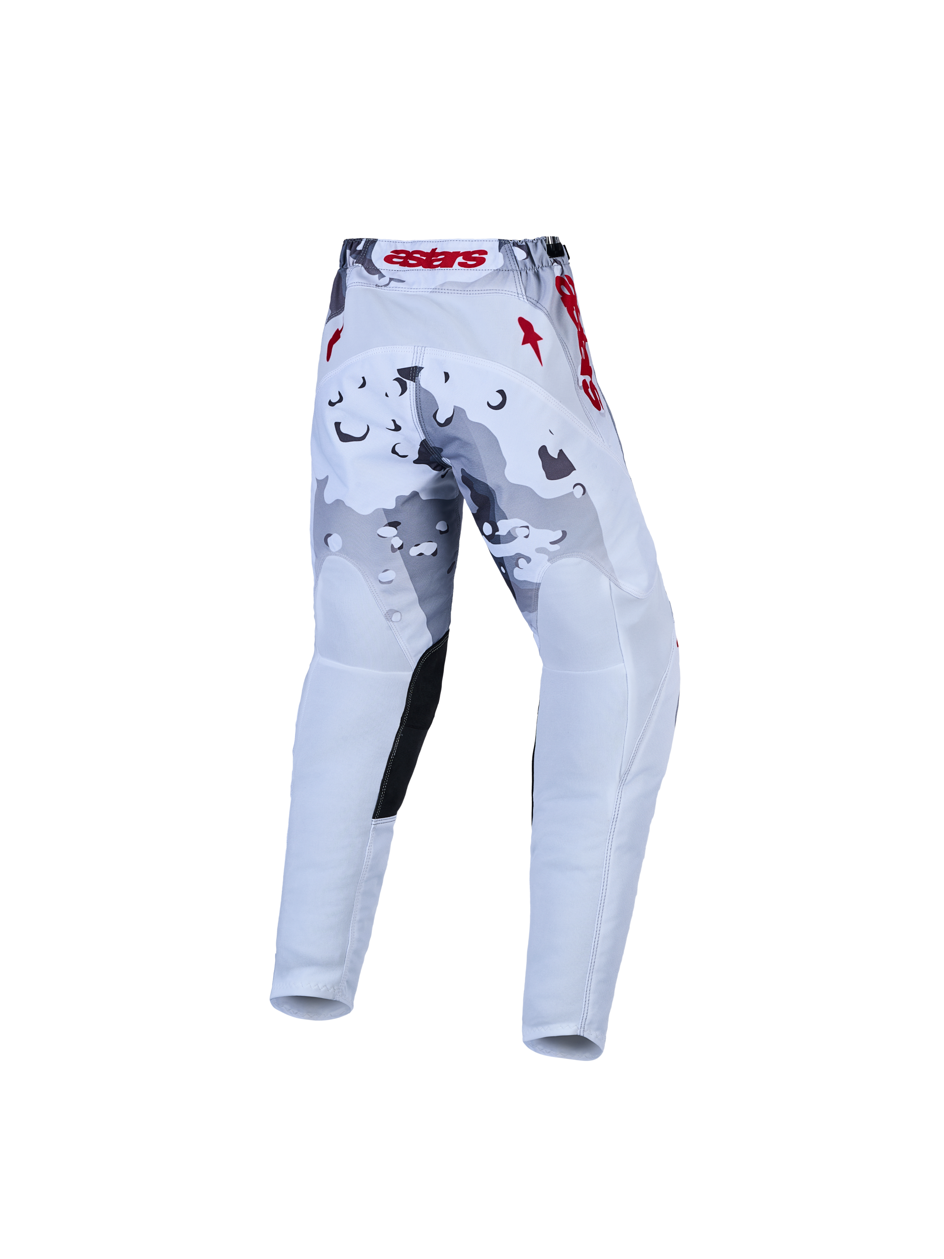 Alpinestars Jeugd Fluid Lone Broek, motorcrossbroek voor kinderen in wit en grijs camouflagepatroon met rode accenten en een versterkt zitvlak voor off-road rijden.
