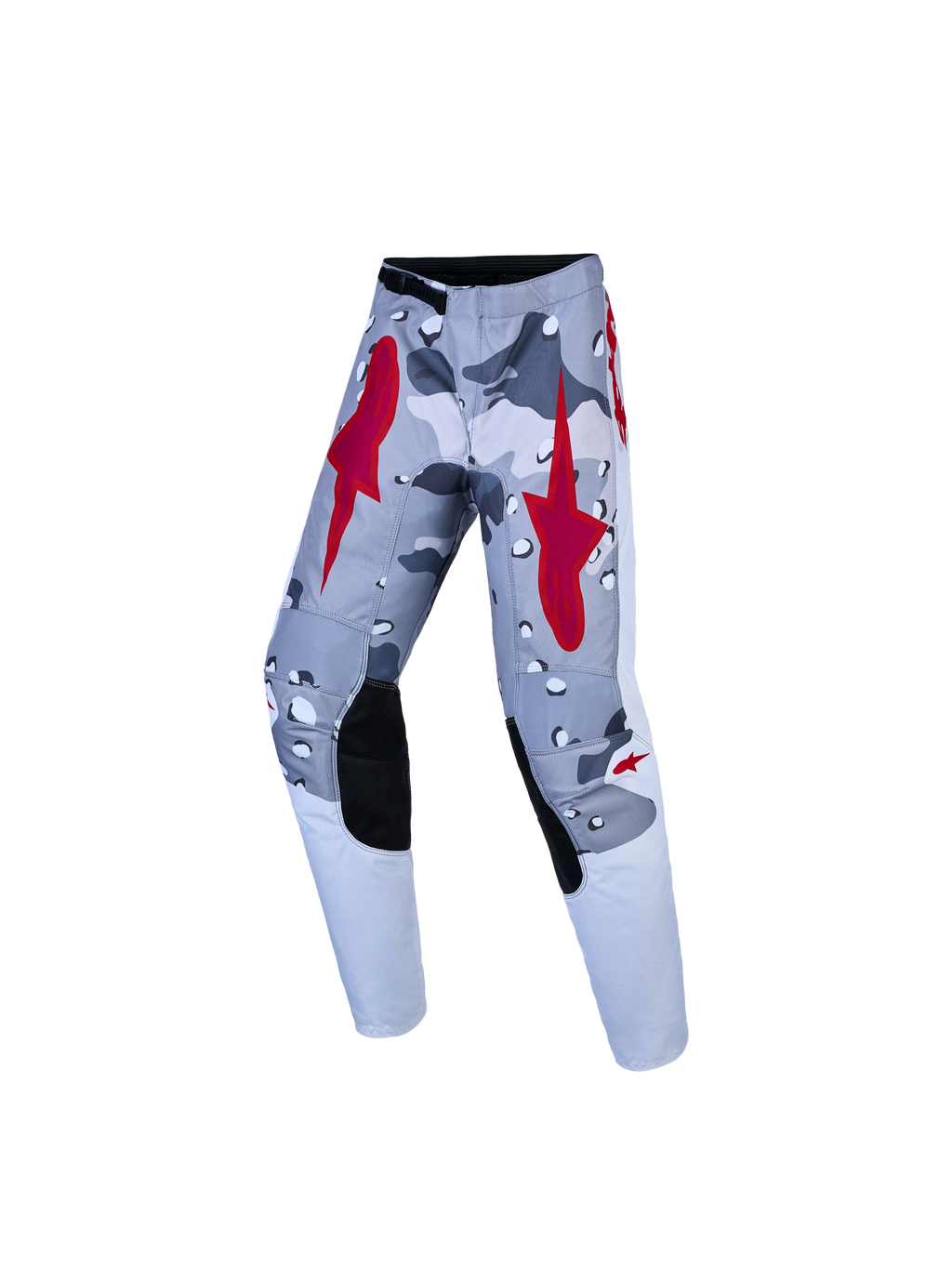 Alpinestars Jeugd Fluid Lone broek, motorcrossbroek in grijs camouflage en rood, met versterkte knieën.