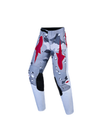 Alpinestars Jeugd Fluid Lone broek, motorcrossbroek in grijs camouflage en rood, met versterkte knieën.