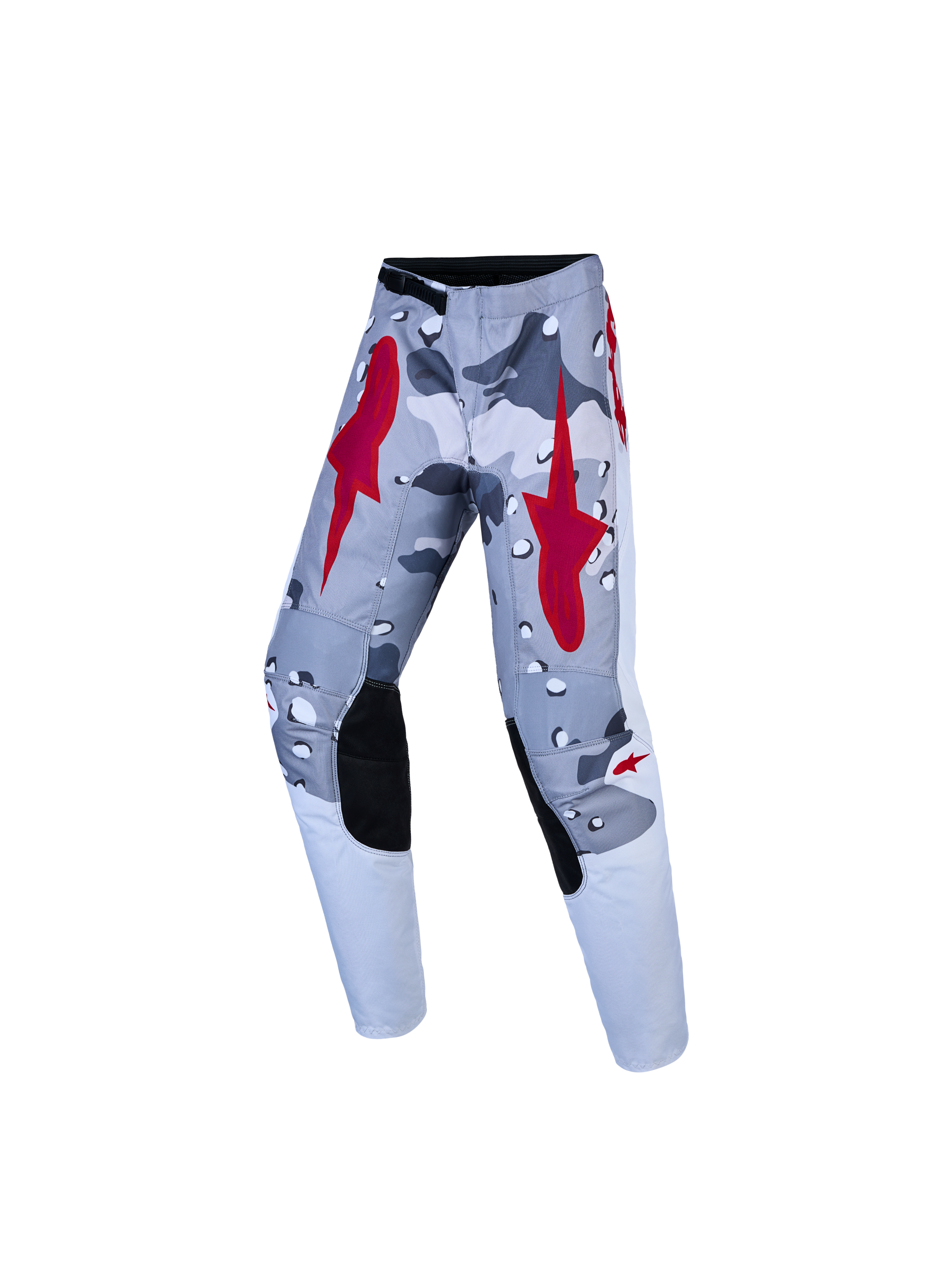 Alpinestars Jeugd Fluid Lone broek, motorcrossbroek in grijs camouflage en rood, met versterkte knieën.
