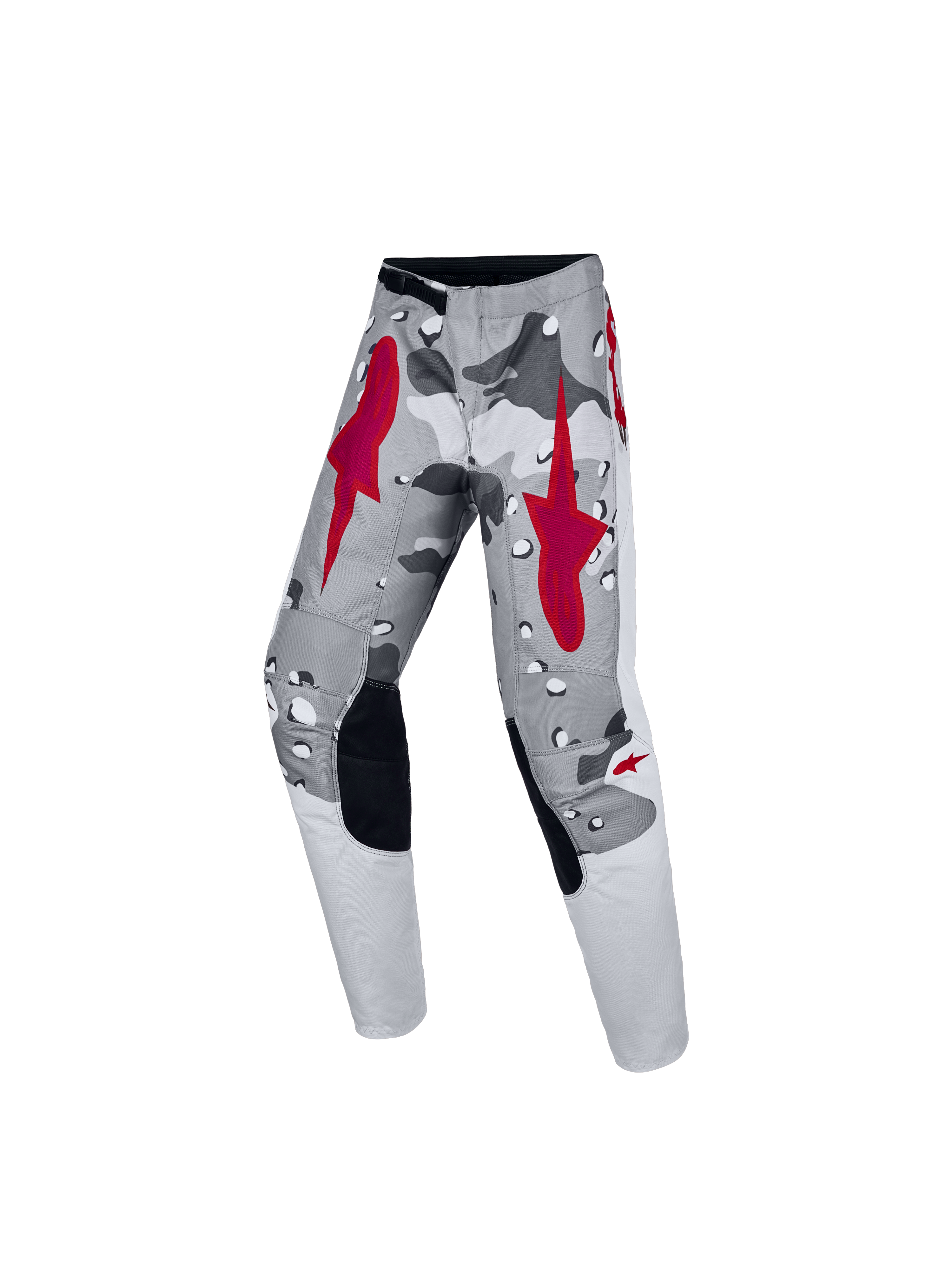Alpinestars Jeugd Fluid Lone broek, motocrossbroek voor jeugd, grijze camouflage en rood, ergonomische pasvorm voor off-road rijden, duurzame 600D-polystof constructie.