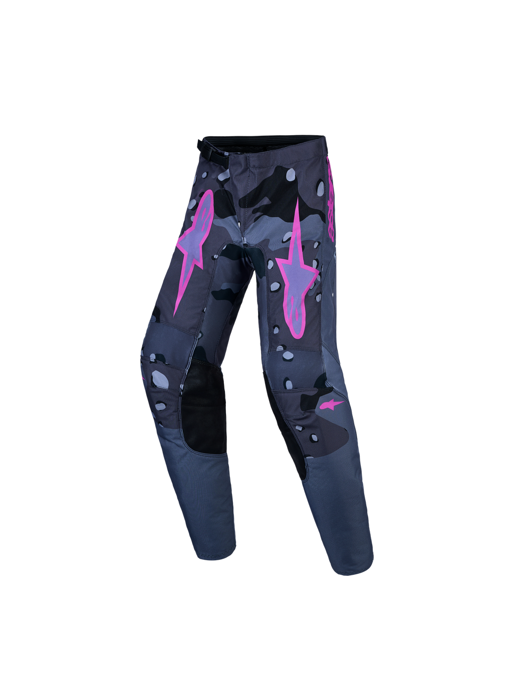 Alpinestars Youth Fluid Lone V2, pantalon motocross junior, gris camouflage et rose vif, logos Astars et genoux renforcés.