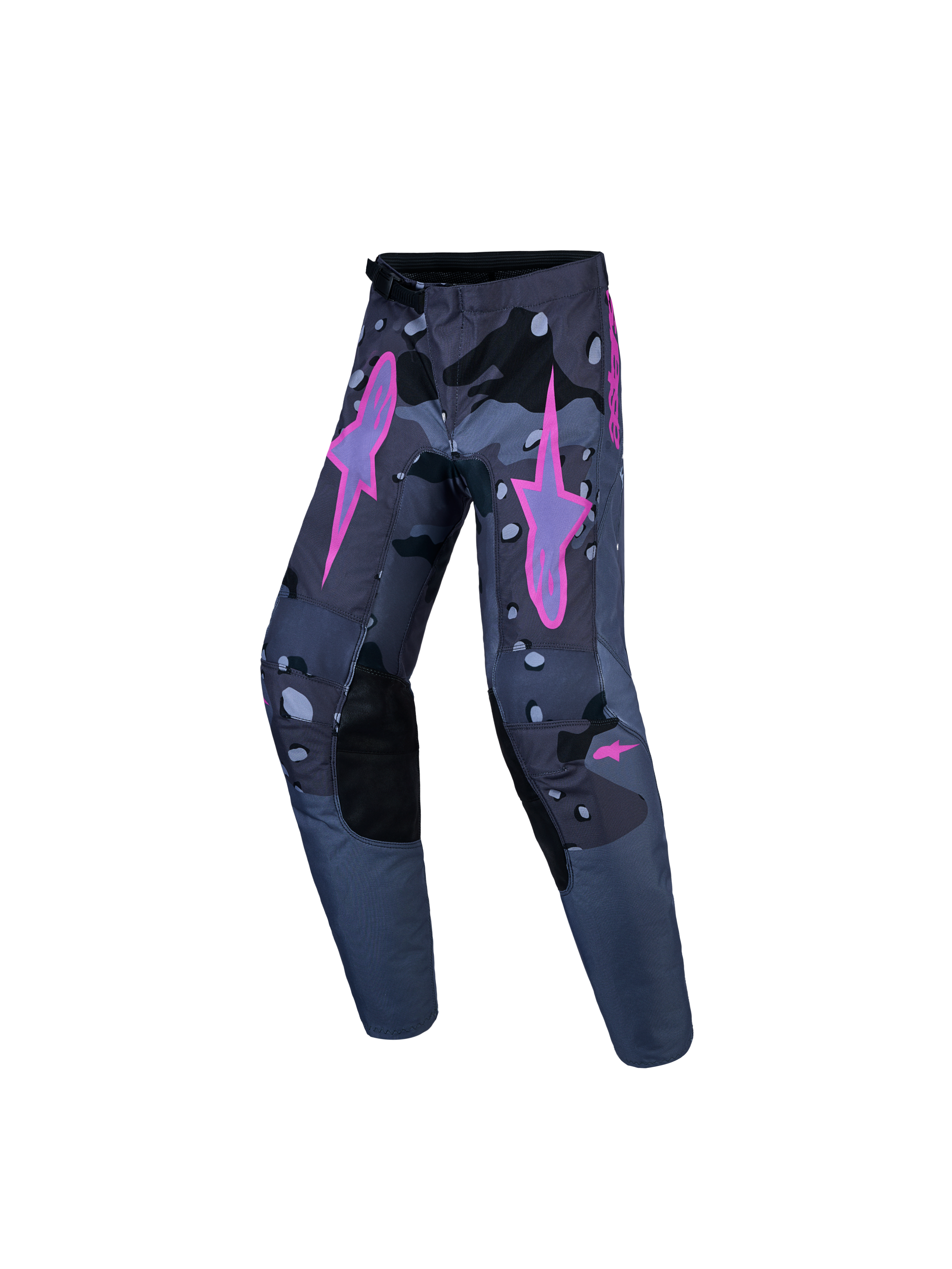 Alpinestars Youth Fluid Lone V2, pantalon motocross junior, gris camouflage et rose vif, logos Astars et genoux renforcés.