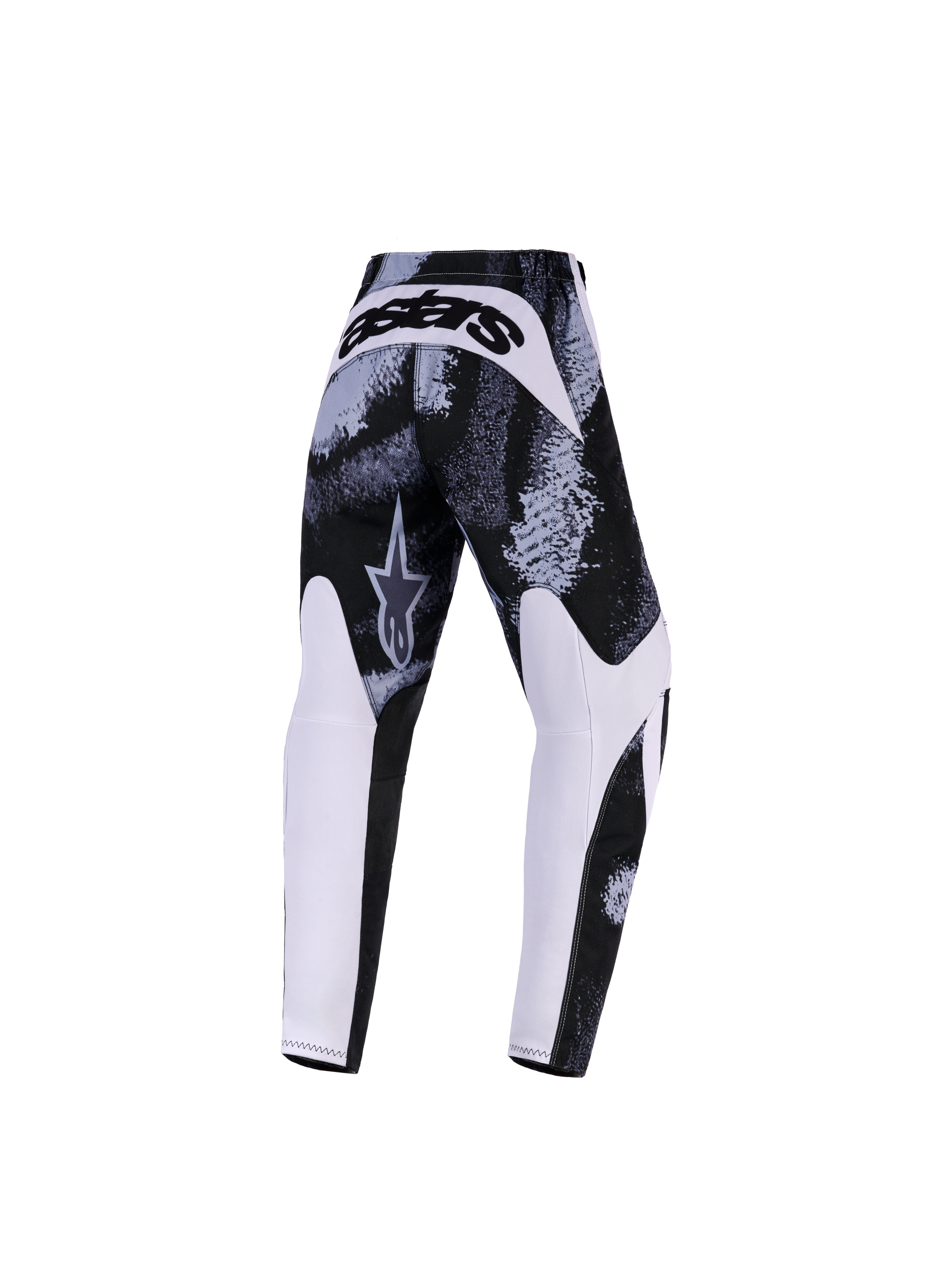 Alpinestars 2026 Youth Fluid Lahnd Pants, motorcrossbroek, Iron Camo, achteraanzicht met zwart-wit abstract patroon, witte binnenbeenpanelen en opvallende 'astars' branding op het achterstuk, duurzame off-road uitrusting voor jonge rijders