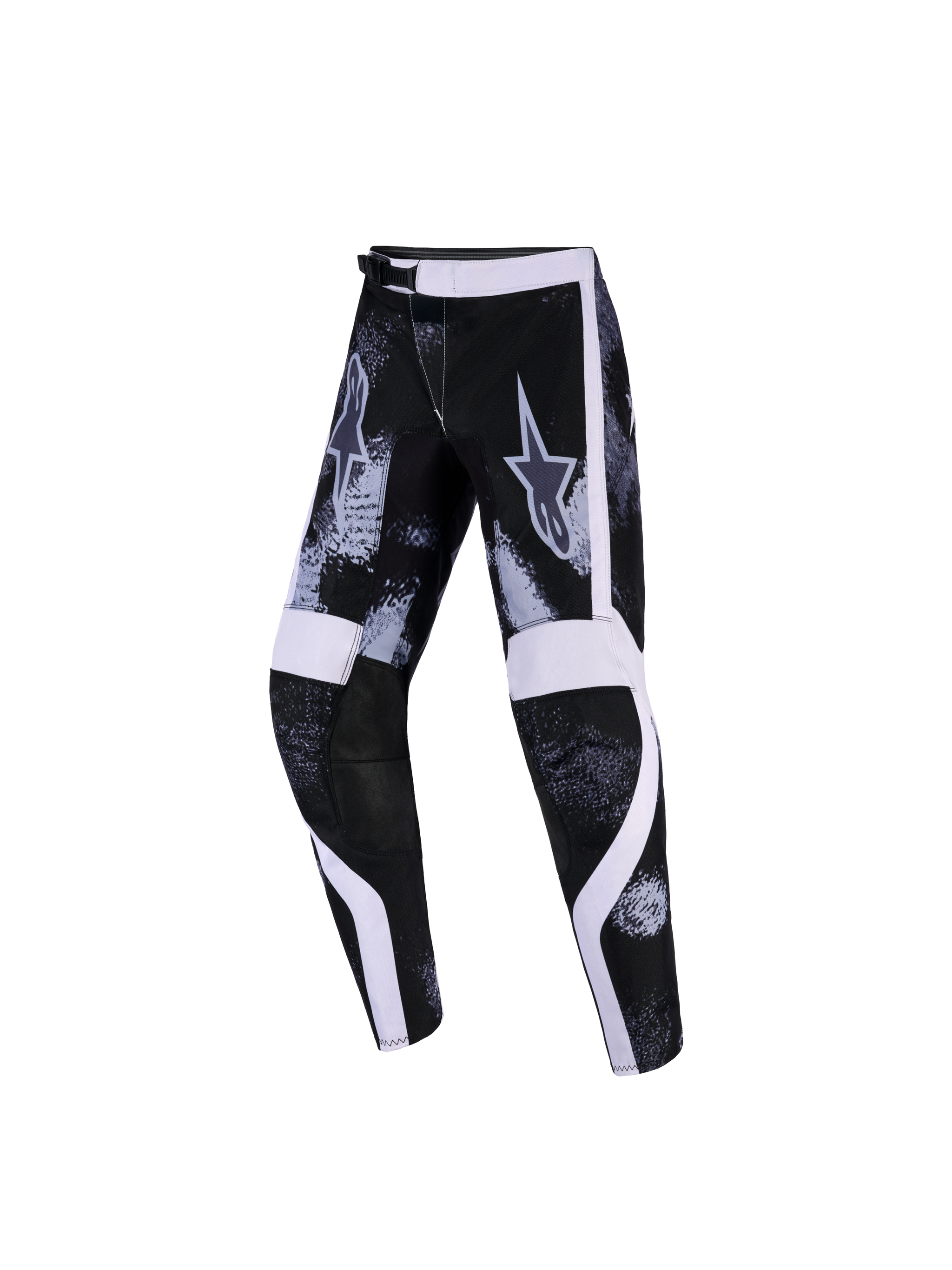 Alpinestars 2026 Youth Fluid Lahnd Pants, jeugd motorcrossbroek, Iron Camo met zwarte en witte accenten, voorzien van een camouflagepatroon, witte grafische panelen en versterkte binnenknieën, ontworpen voor jeugd off-road racen