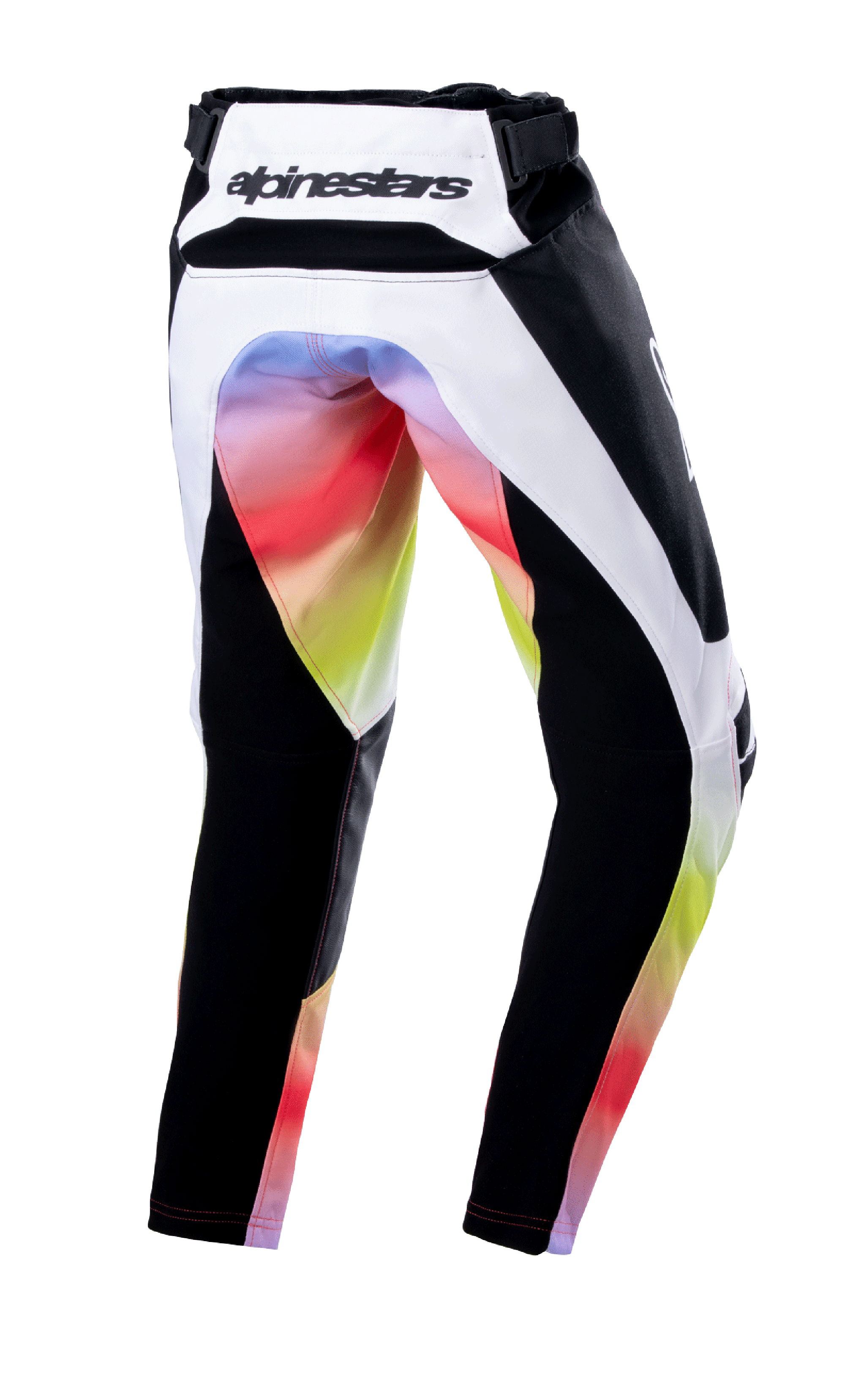 Alpinestars Jugend 2023 Racer Semi Hose, Motocross-Hose, Schwarz Mehrfarbig, Rückansicht mit weißen und schwarzen Panels sowie einem lebhaften Farbverlauf an Gesäß und Beininnenseiten, Alpinestars-Logo am hinteren Bund, strapazierfähiges Offroad-Renndesign.
